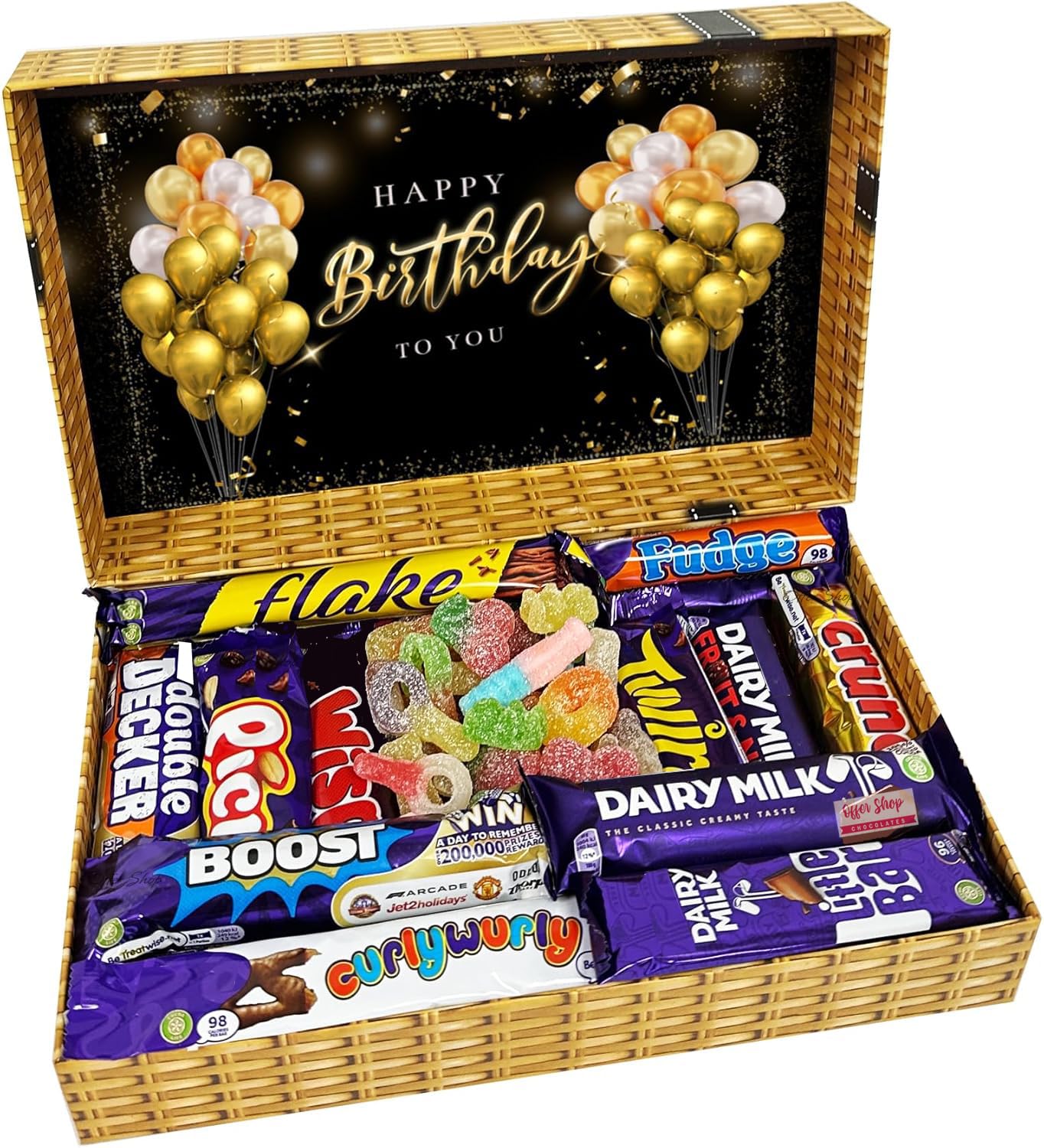 Happy Birthday Sweets and Chocolate Gift Box Pick n Mix Sweets Chocolate Hamper in Wicker Style Printed Box | Gift Box for All | 360gm Sweet & 12 Standard Bars