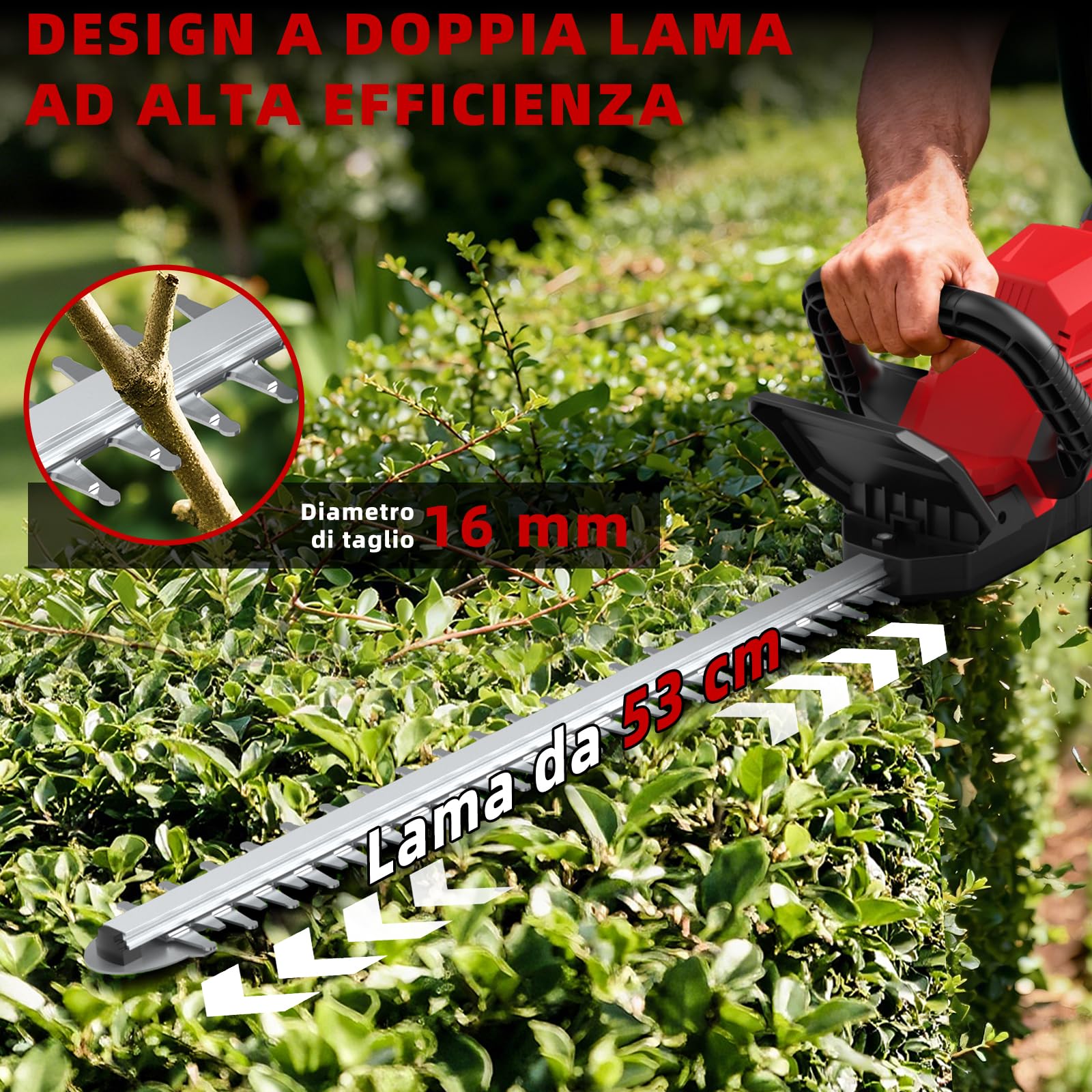 21V Tagliasiepi a Batteria 53cm - Tagliasiepi Elettrico a Batterie 2 x 4.0Ah, Diametro Di Taglio 16mm, Maniglia Ruotabile 180°, Taglia Siepe Giardino per Siepi, Arbusti, Potatura