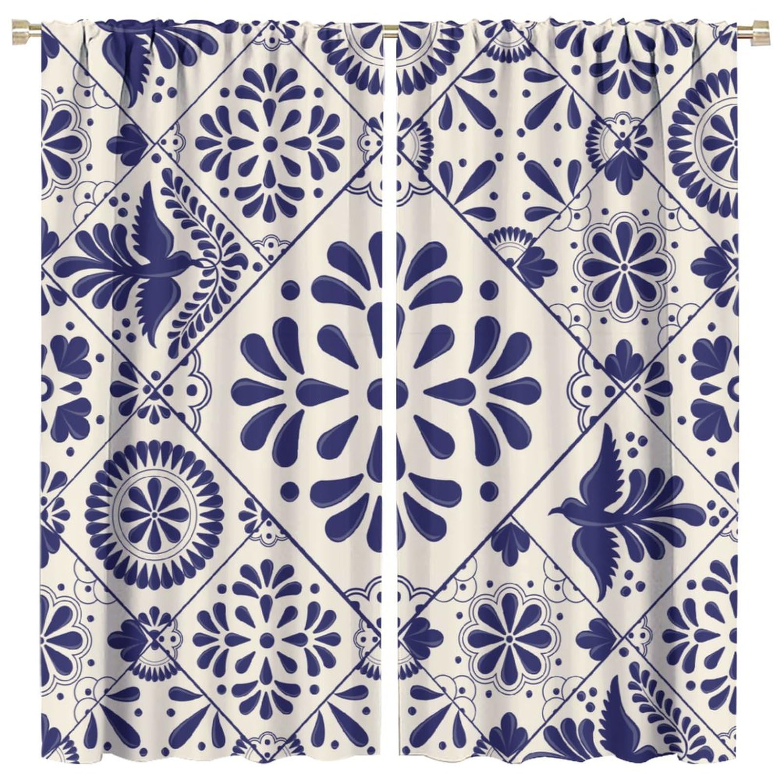 Traditional Mexican Curtains, Talavera Style Beige Mexican Floral Bird Print Blackout Window Treatments for Living Room Kitchen Bedroom 42x45 Inch