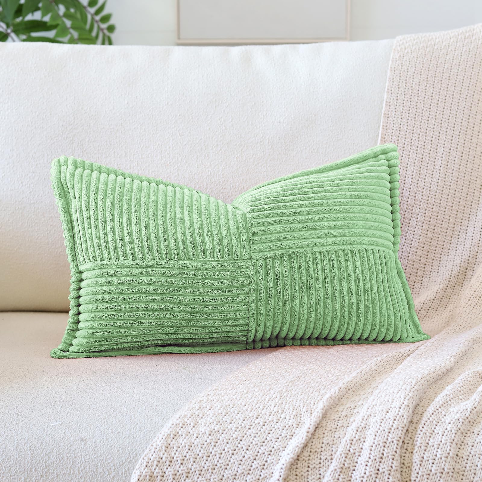 Artscope Striped Corduroy Cushion Covers with Splicing Super Soft Boho Pillow Covers Broadside Decorative Textured Throw Pillows for Couch Sofa Bed Living Room 40x60cm, Sage Green
