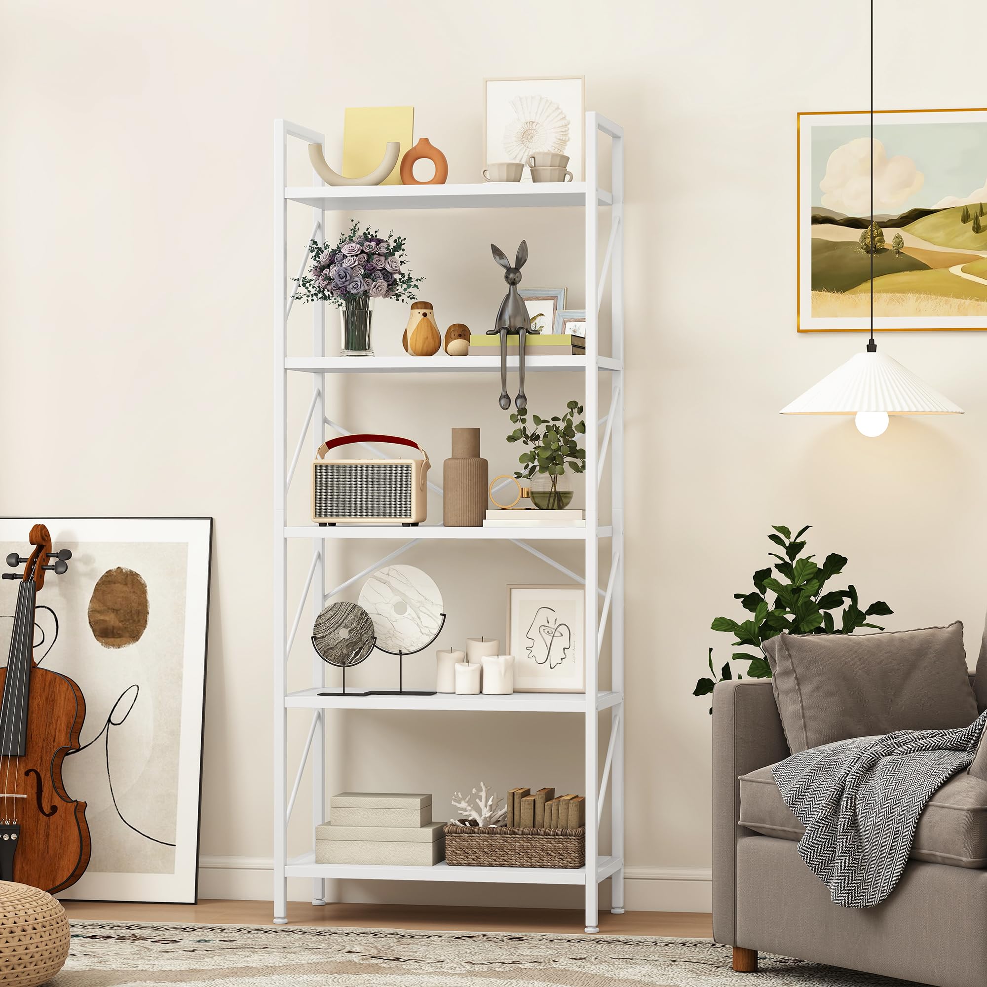 DWVO Scaffale per libri a 5 ripiani, in legno e metallo, libreria industriale, scaffale alto per soggiorno, cucina, camera da letto, scaffale per libri bianco puro