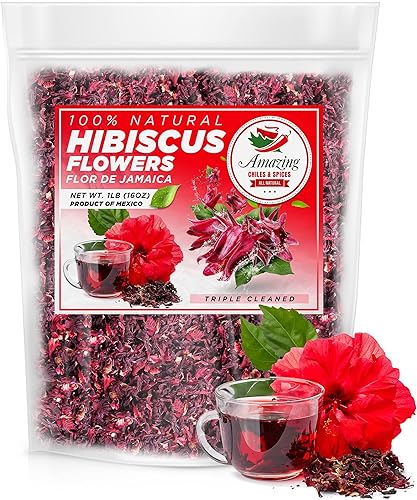 Flores de hibisco, 2 libras (32 onzas), totalmente naturales, triple limpieza, flores y pétalos suaves enteros, flor de Jamaica. Ideal para té