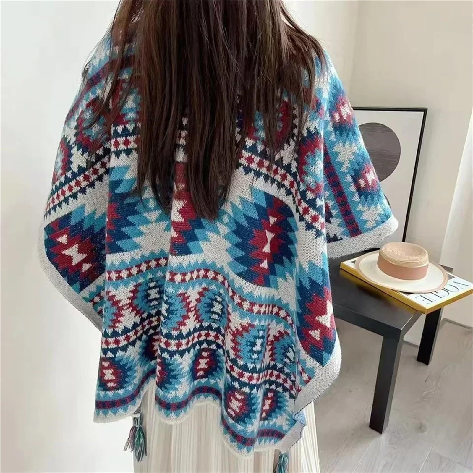 Poncho Donna Poncho Invernale da Donna, Cappotto Autunnale in Stile Etnico, Scialle Lavorato a Maglia, Sciarpa Esterna da Viaggio con Design Diviso
