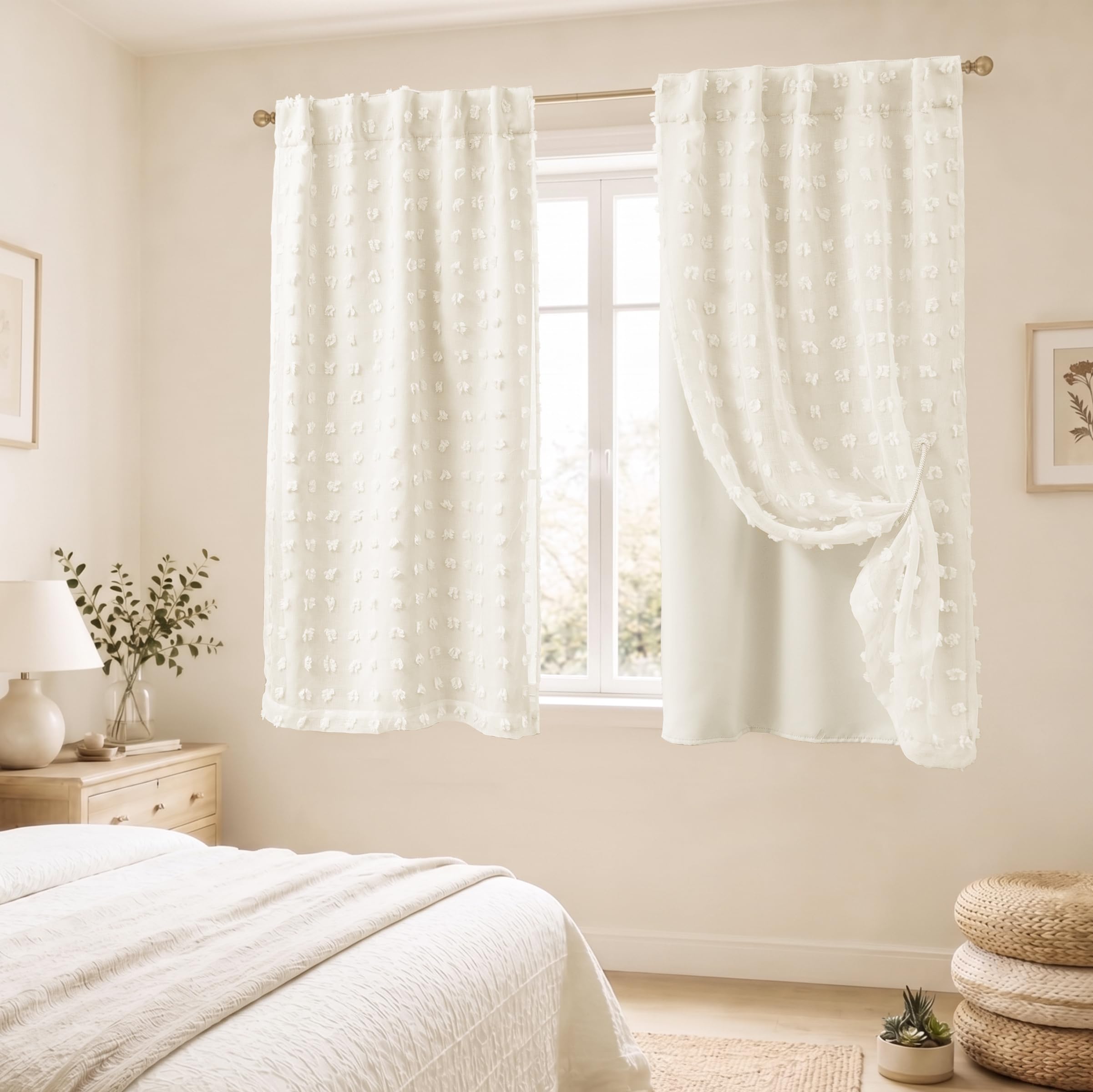 Lino Rosa 45 Inch Double Layer Blackout Curtains for Small Window, Short Room Darkening Cute Boho Textured Swiss Dot Drapes for Bedroom Kitchen RV Camper Classroom 34x45 Inch Length 2 Panels Set