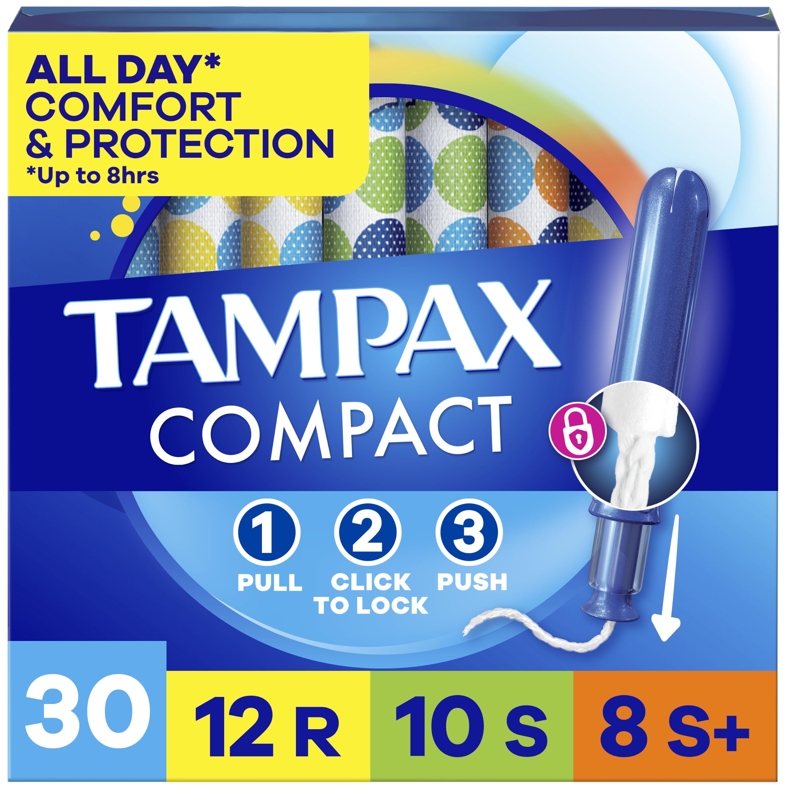 Tampax Compact Pearl Tampons for Women Multipack, with LeakGuard Braid &amp; Extendable Applicator, Regular/Super/Super Plus Absorbency, Compact Extendable Applicator, Unscented, 30 Count