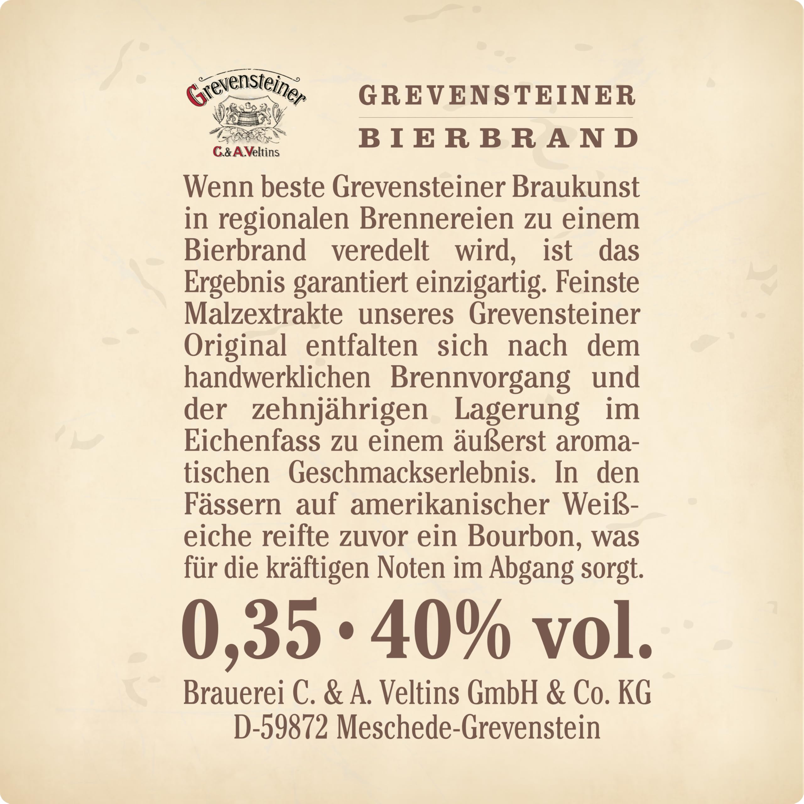 Grevensteiner Bierbrand 40% Vol 0,35 L I 10 Jahre im Eichenfass gereift I Premium Edelbrand aus Grevensteiner Landbier I Bourbonfass Lagerung I limitierte Spezialität I Geschenkidee für Bierliebhaber