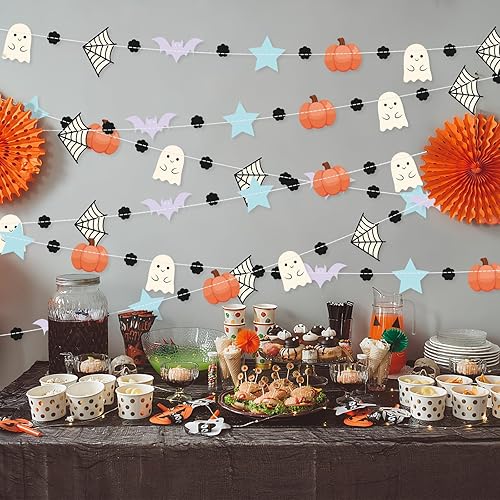 Miniatura 5 de MARFOREVER Guirnalda decorativa de fiesta de Halloween de 39.4 pies, paquete de 4 pancartas colgantes de calabaza fantasma pastel, guirnaldas de
