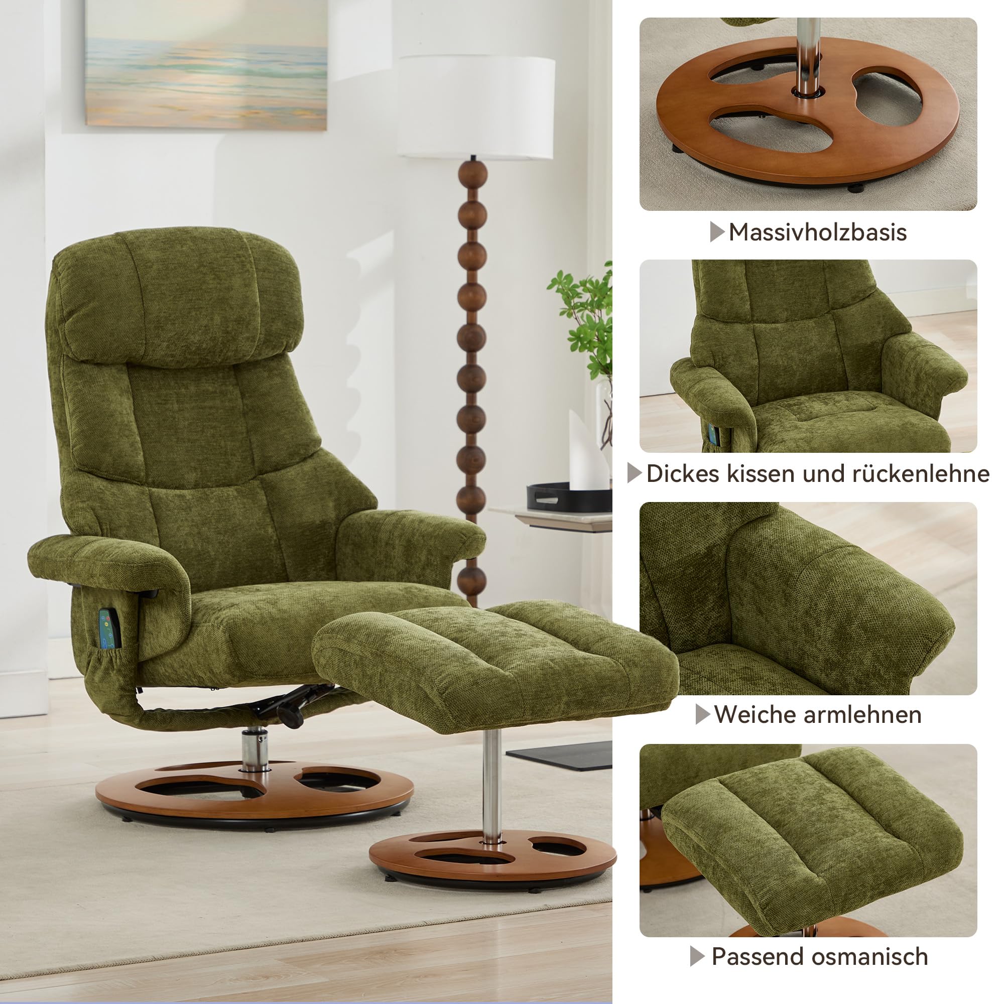 LAKFEW Sillon Relax Reclinable Electrico con Reposapiés, Sillon Relax Girar 360° con Masaje y Función de Calefacción, Sillón Reclinable Butaca Sillones para el Salón, Chenilla, 81x126x111 cm, Verde
