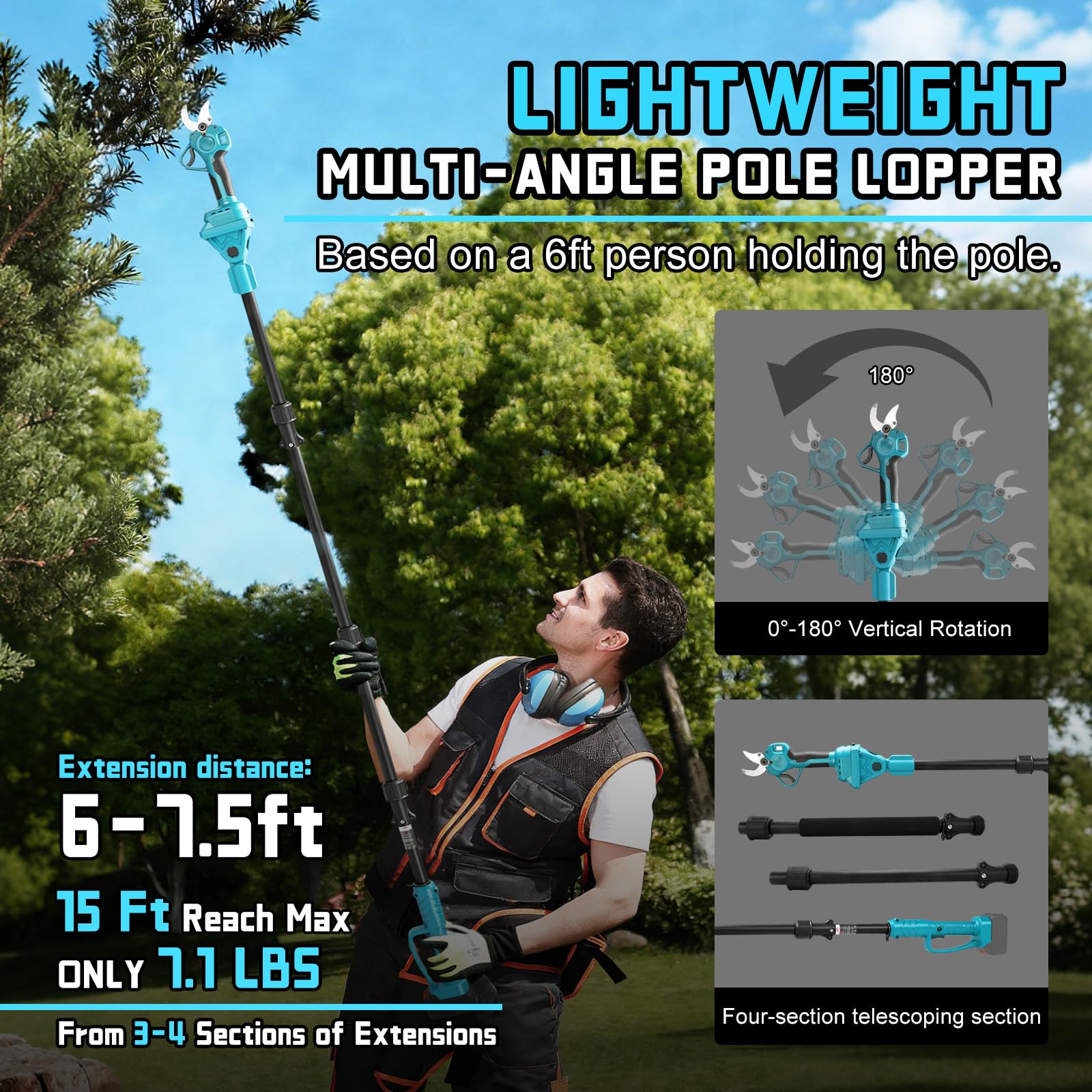 Tijeras de Podar Eléctricas 2 en 1 con Pértiga compatible con Makita 18 V baterías, Tijeras de podar Corte de 15-35 mm, Palo Telescópico 2M, Jardinería y Poda para Árboles (sin batería) | Tijeras de podar eléctricas sin escobillas, corte de 15 – 35 mm, pa