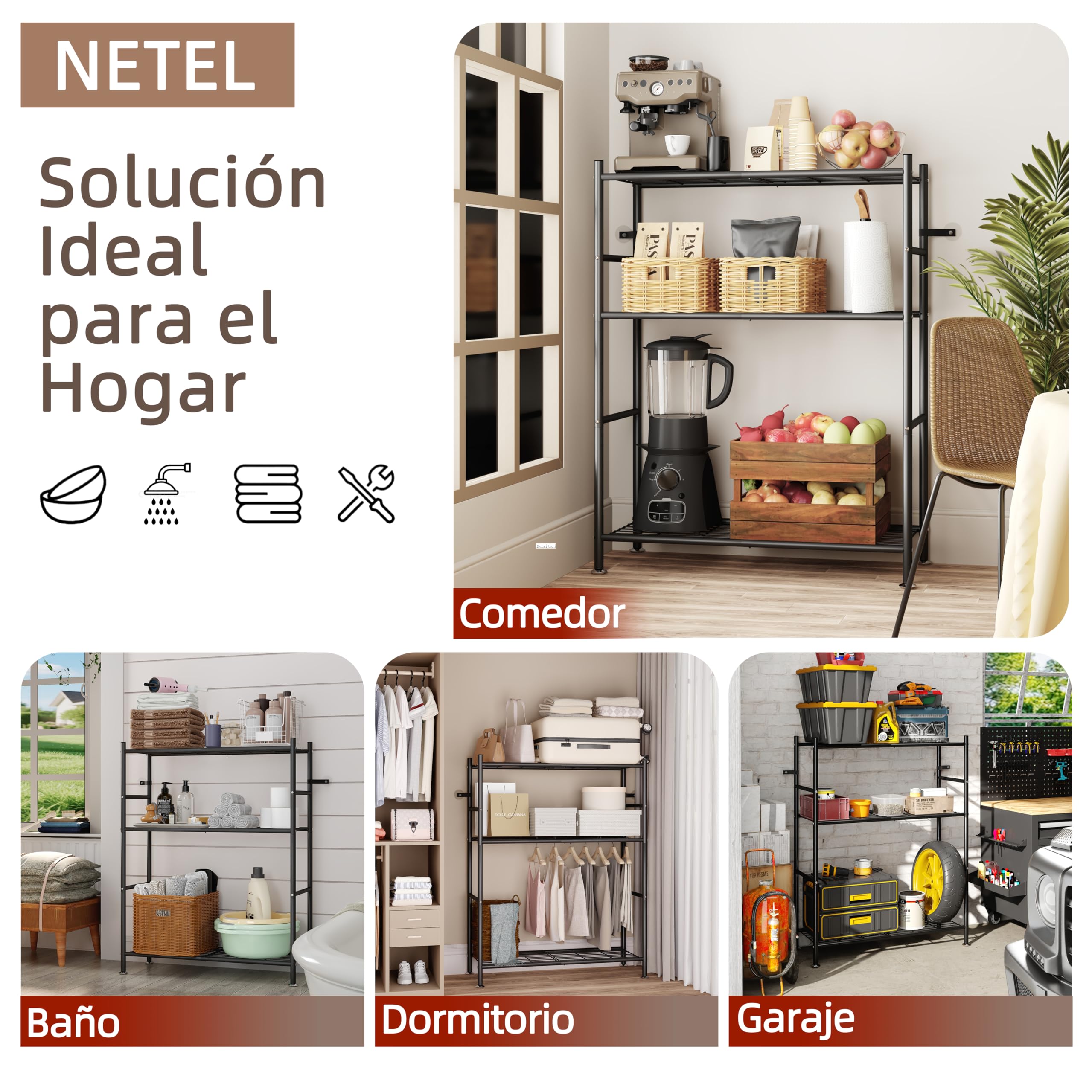 NETEL estanterias almacenaje Cocina de 3 baldas，estanteria Metalica,Altura de los estantes Regulable,Storage Shelves con 4 Ganchos,84 × 32 × 182 cm (L × An × Al)，Negro