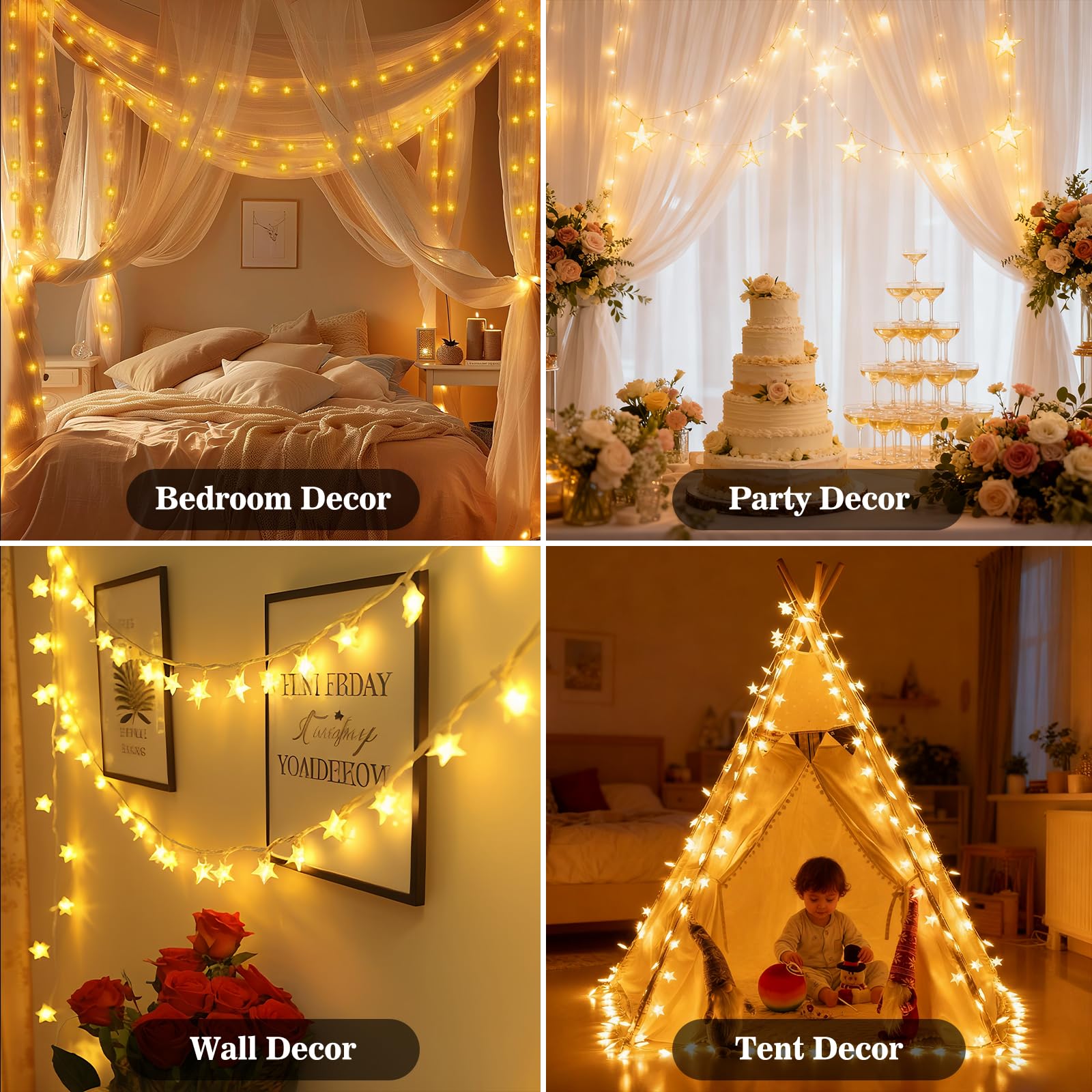 Łańcuch świetlny w kształcie gwiazd, 100 diod LED, 8 trybów, łańcuch świetlny z gwiazdami, zasilanie bateryjne, wodoodporne, do wewnątrz, na zewnątrz, do sypialni, na patio, imprezę, wesele, namiot