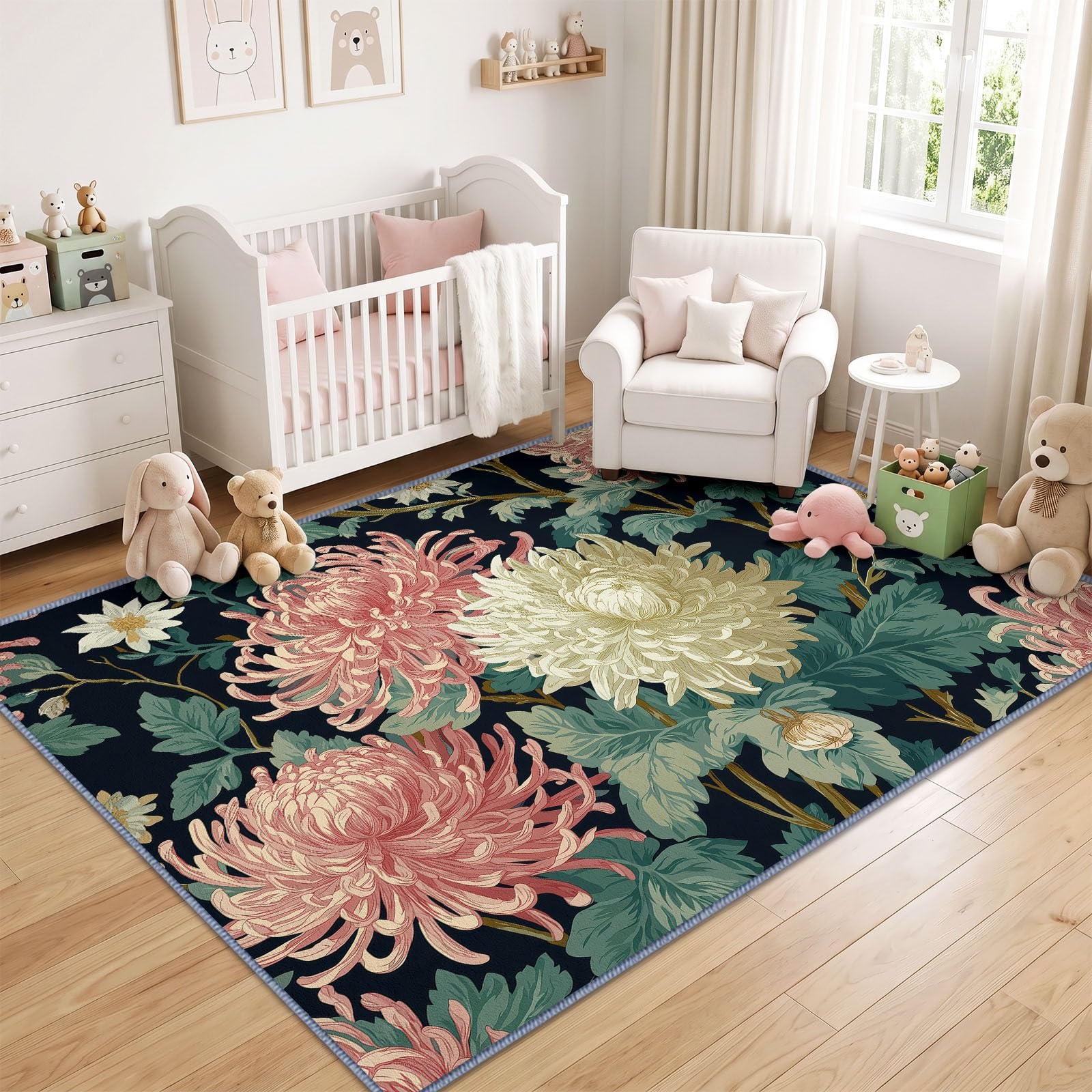 Generisch Chrysantheme Dahlie Kurzflor Teppich 240 x 300 cmweich pflegeleicht, Klassisch Handwerk Pflanze Waschbarer Teppich rutschfest Kurzflorig Weich für Wohnzimmer Schlafzimmer Esszimmer