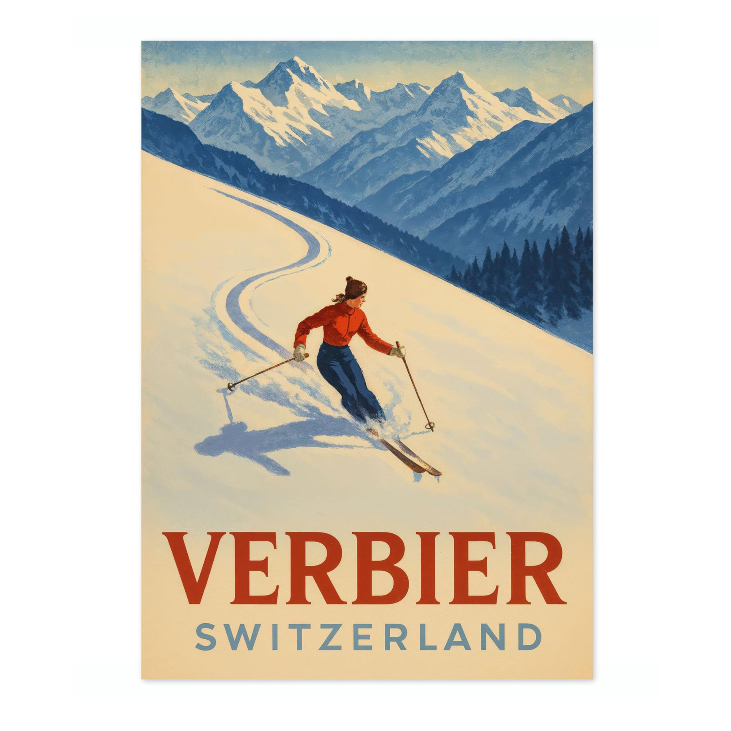 Verbier Switzerland Ski Vintage Skiing Poster, Minimalist Wall Art, Mountain Travel Prints, Snow, Ski Trip Home Decor, A5 (Print Only) - 21x14.8cm