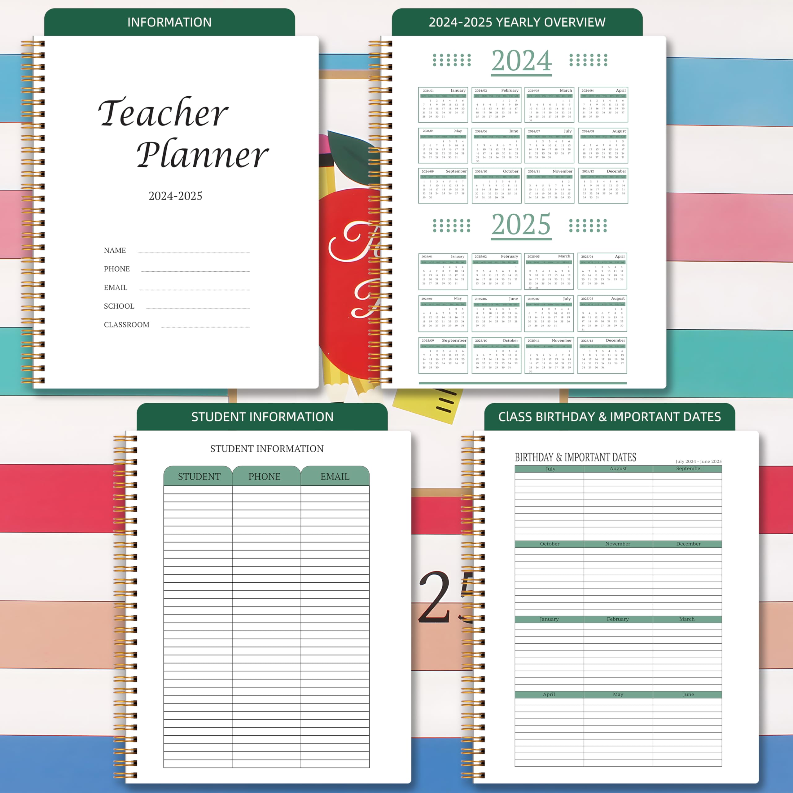 Planner per insegnanti 2024-2025, planner settimanale e mensile per insegnanti anno accademico 2024-2025, luglio 2024-giugno 2025, 19,8 x 24,9 cm, 2024-2025, agenda per insegnanti, con rilegatura a