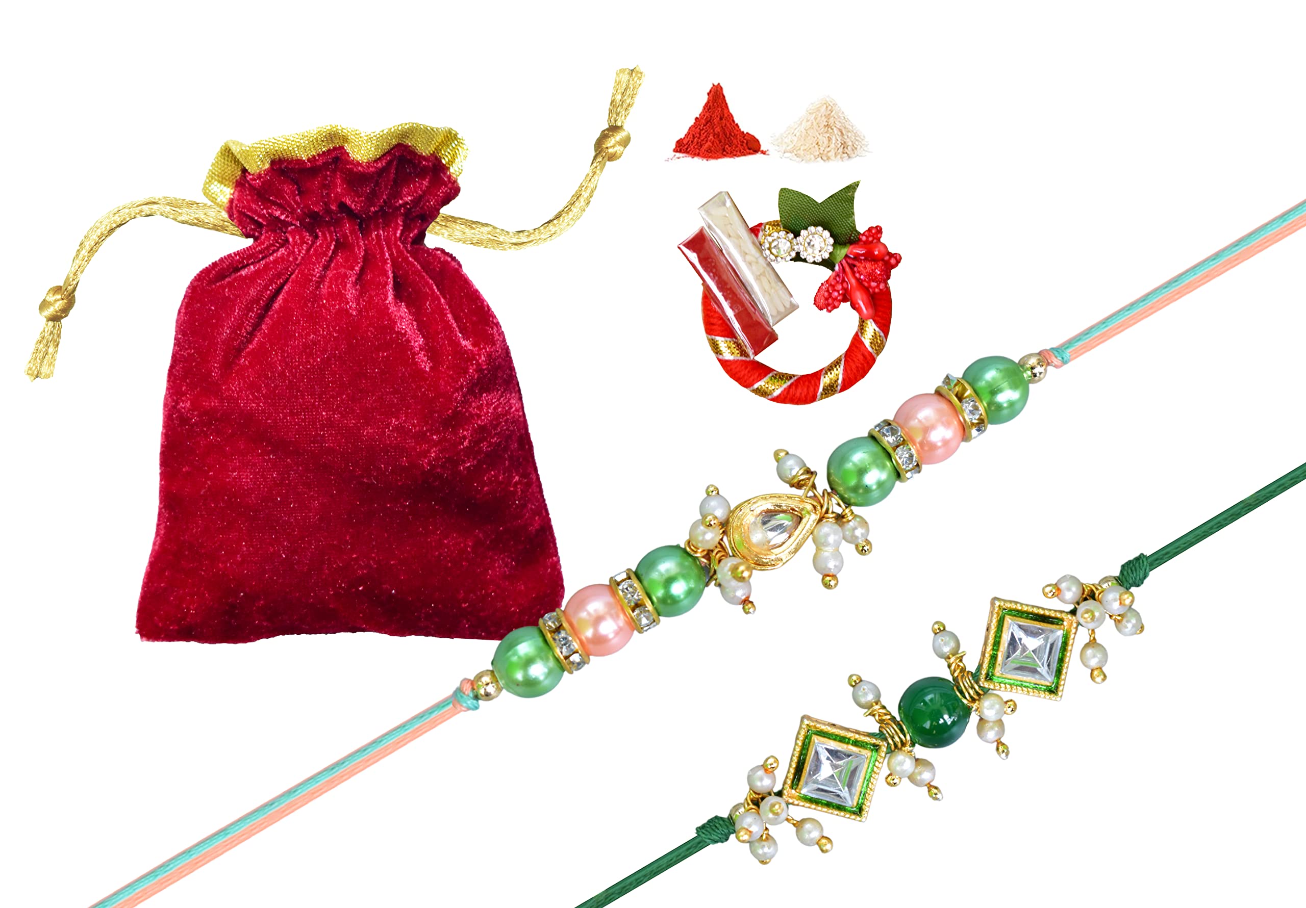 Rakhi for Brother Bhaiya Bhatija Bhai Raksha Bandhan gift Rakhi Thread Rakhi with Roli Chawal and Greeting card gift pack in pouch/Potli bag (Green)