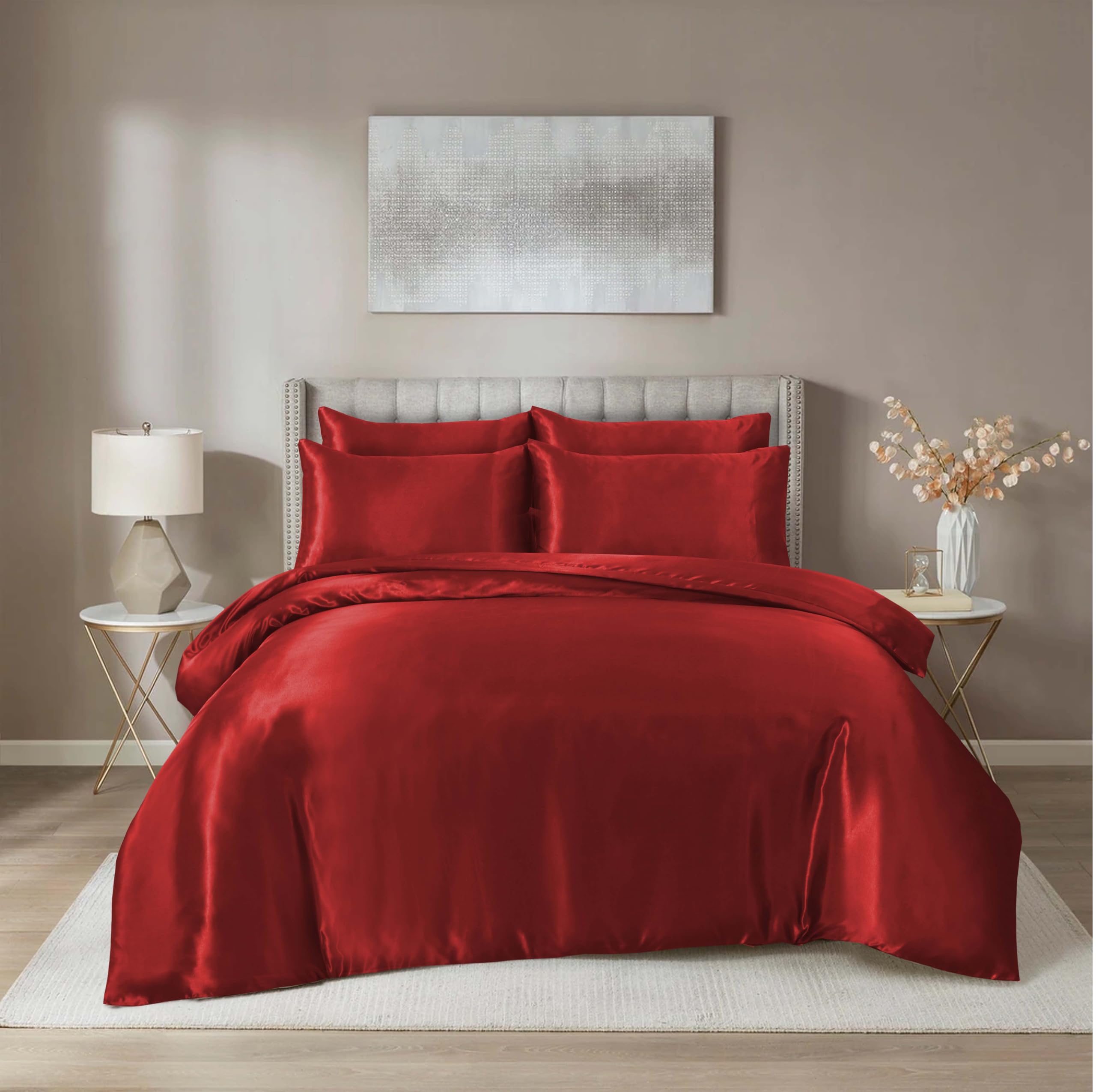 Hadi London Satin Silk 6 Piece Complete Bedding Set with Silky Deep Fitted Sheet Reversible Duvet Cover Comforter & 4 Pillowcases for Single Double King Super King Size Bed (Red, Super King)