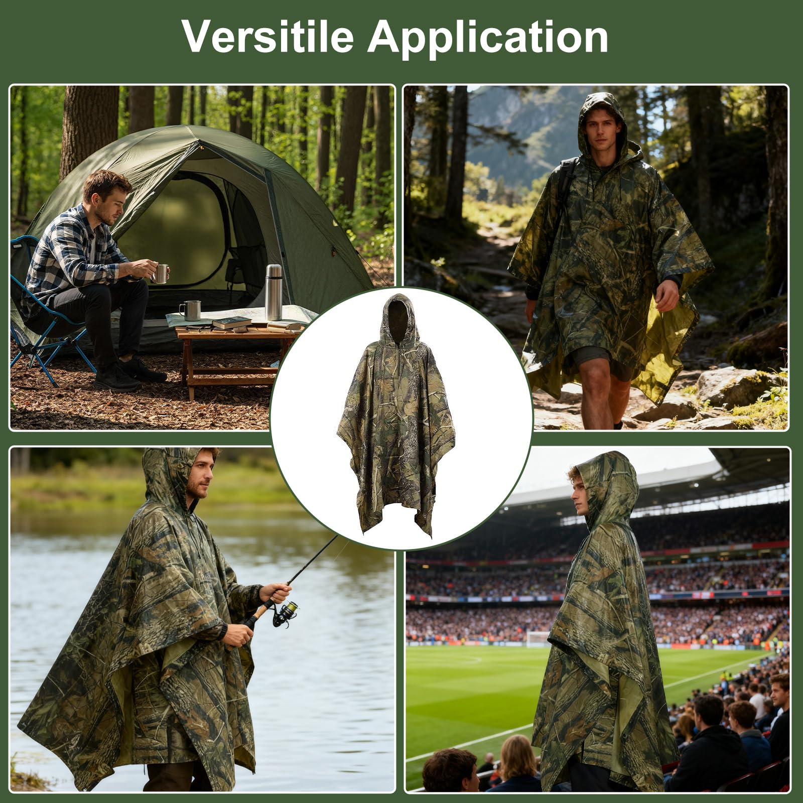 Poncho impermeabile, Camuffamento Raincoat Phocho Parasole o Antipioggia per Escursionismo, Camminata in Montagna, Campeggio, Ciclismo, Pesca o Caccia - Camuffamento