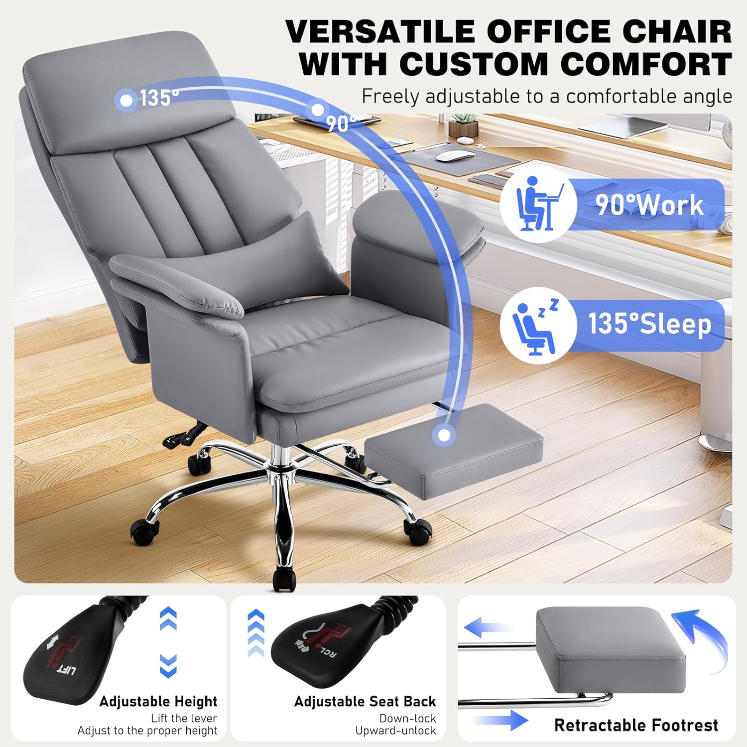 Comfortable Home Office Chair with Footrest 400lbs, Premium PU Leather Office Chair with High Back Adjustable Lumbar Support Double-Layered Armrests,Reclining Chairs,Gray
