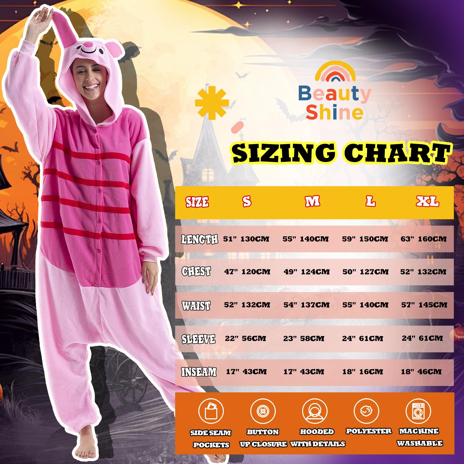 Beauty Shine Unisex Adult Onesie One Piece Pajamas Cosplay Cartoon Costume Halloween Christmas Sleepwear Jumpsuit Homewear: Large Piglet