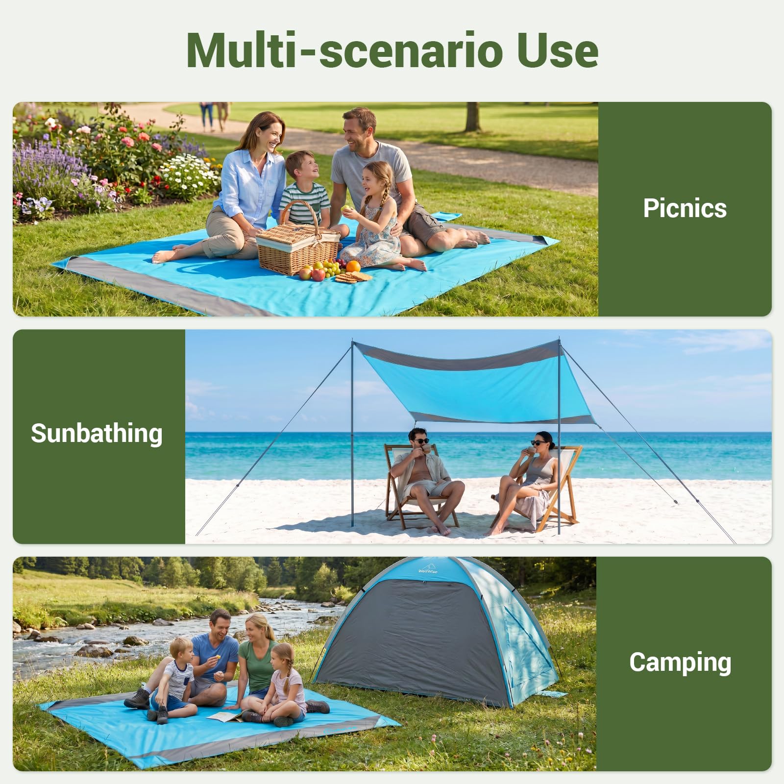 Wolfwise Duża Koc Plażowy 200 x 205 cm, Antypiaskowa i Wodoodporna, Ultralekka dla 4 Osób z 8 Kieszeniami na Piasek i 4 Śledziami, Składana Mata Piknikowa na Plażę Park Podróż, Niebieski