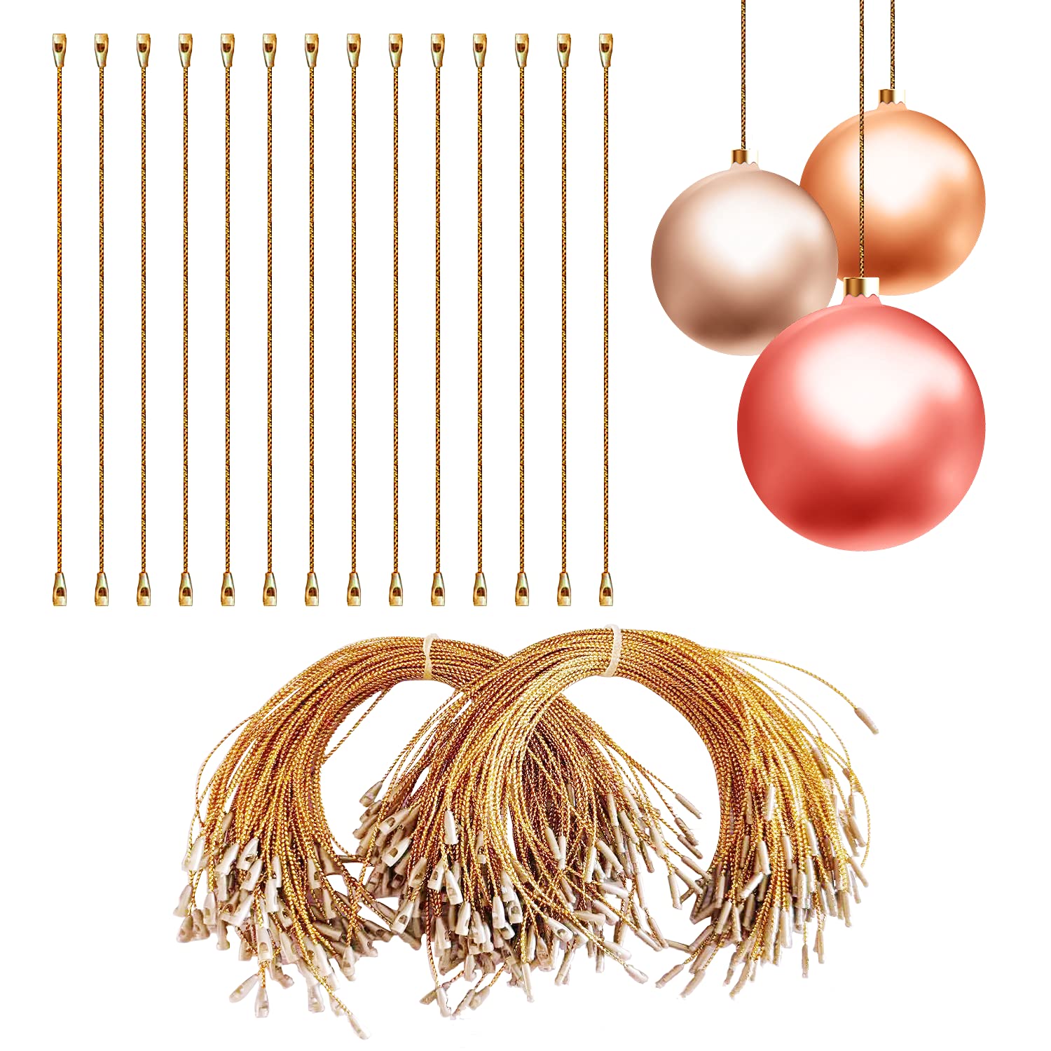 200pcs Gold Christmas Ornament String with Snap Precut Polyester Ropes Christmas Ornament String Hangers for Christmas Tree Decorations Ornaments