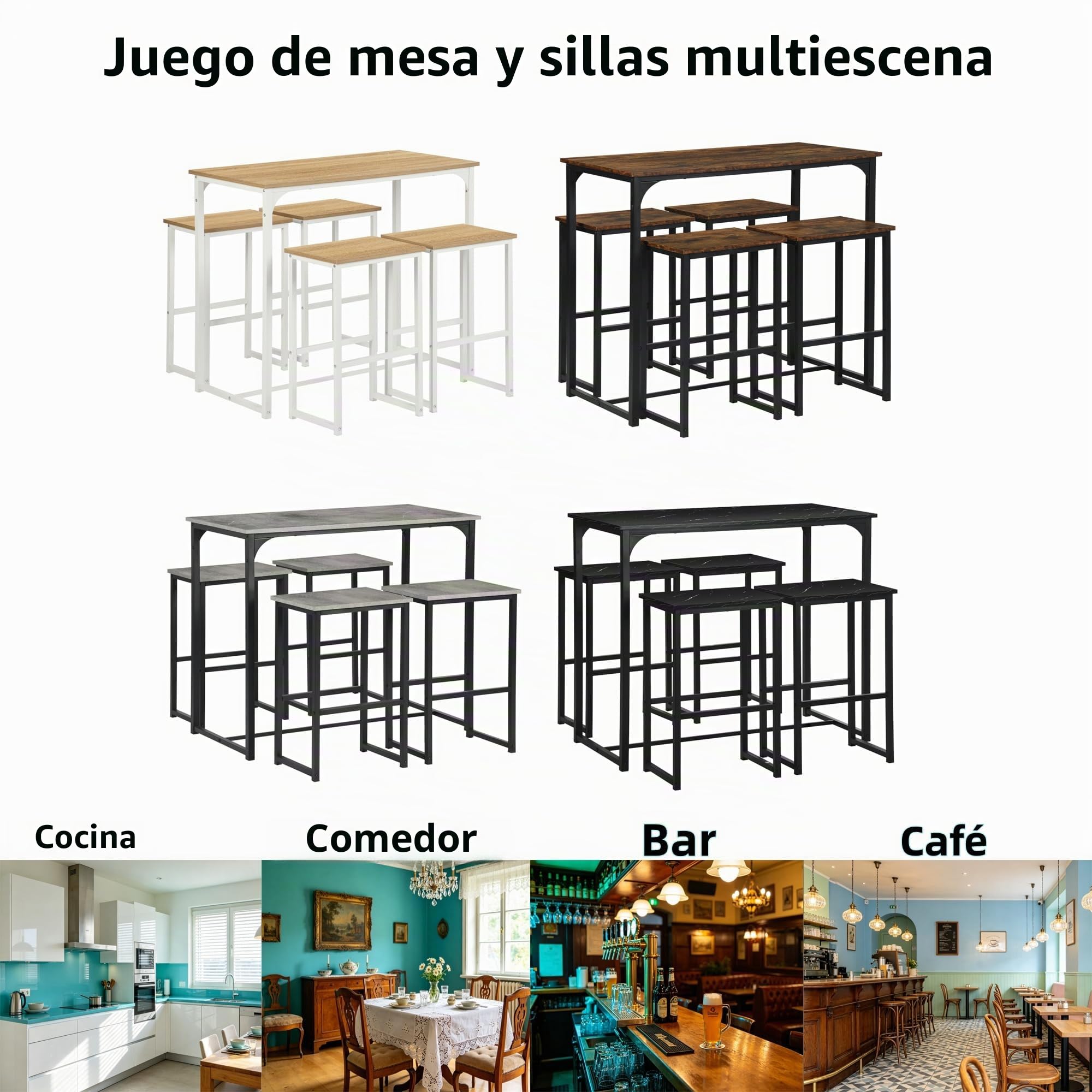Conjunto Mesa Alta de Cocina con 4 Taburetes, Mesa Comedor con Sillas Industrial para Comedor, Cocina, Mesa de Bar 100 × 50 × 90 cm, Sillas 40 × 30 × 65 cm, Negro Mate + Veta Madera Retro