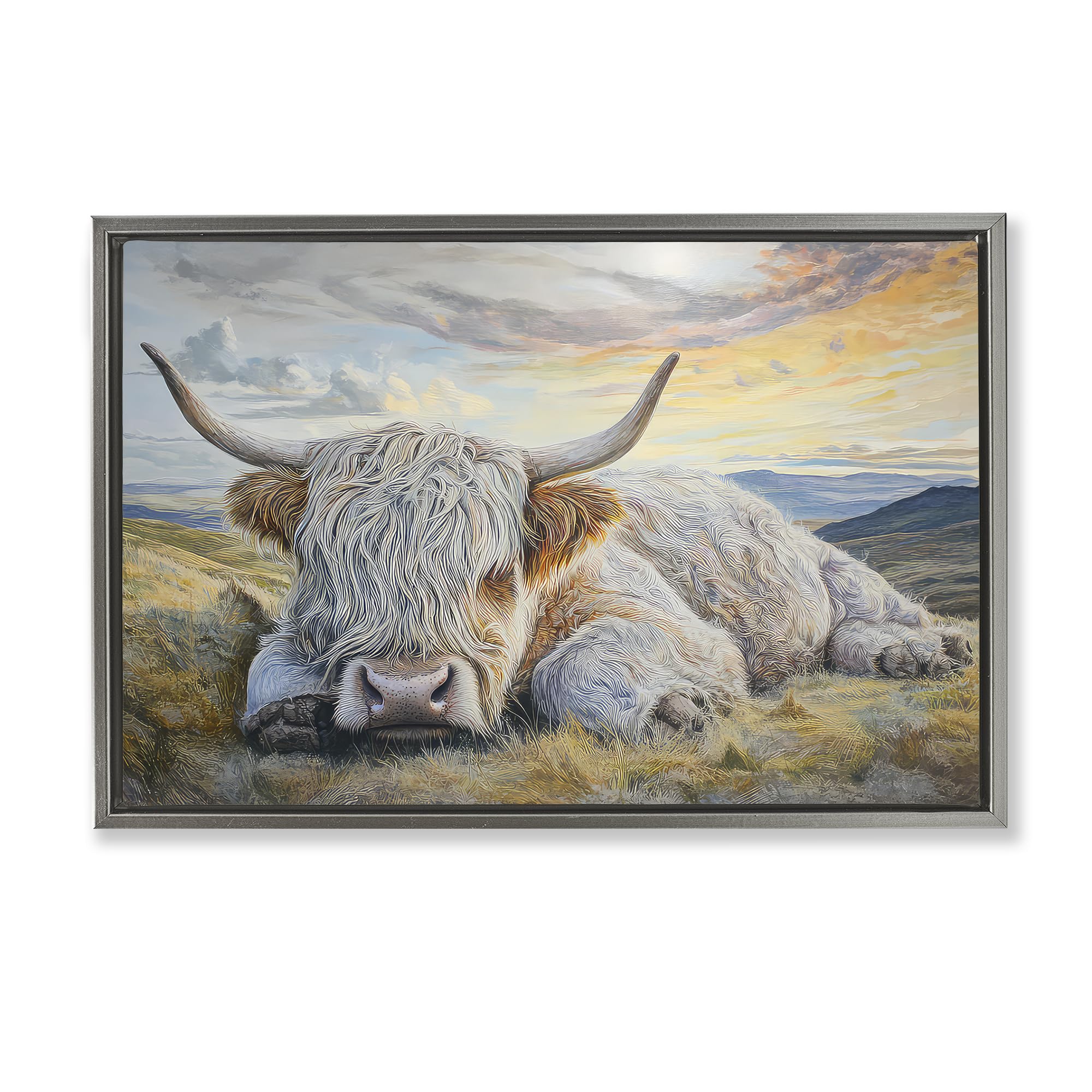Stupell Industries Sleeping Highland Cow Sunset Sleeping Highland Cow Pastoral, 20 X 30 Inch Canvas In Floater Frame