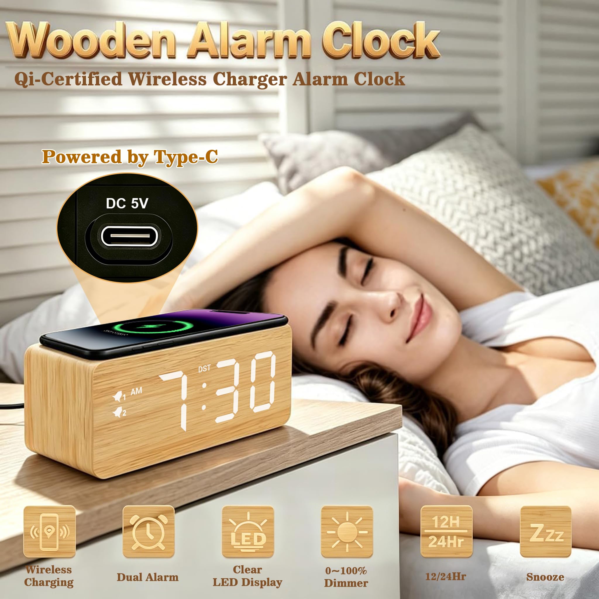 URAYCO Réveil numérique en bois avec chargeur sans fil rapide 10 W, ports de charge USB, DST, intensité variable, répétition, grand affichage LED pour chambre, bureau, table de salon, table de chevet