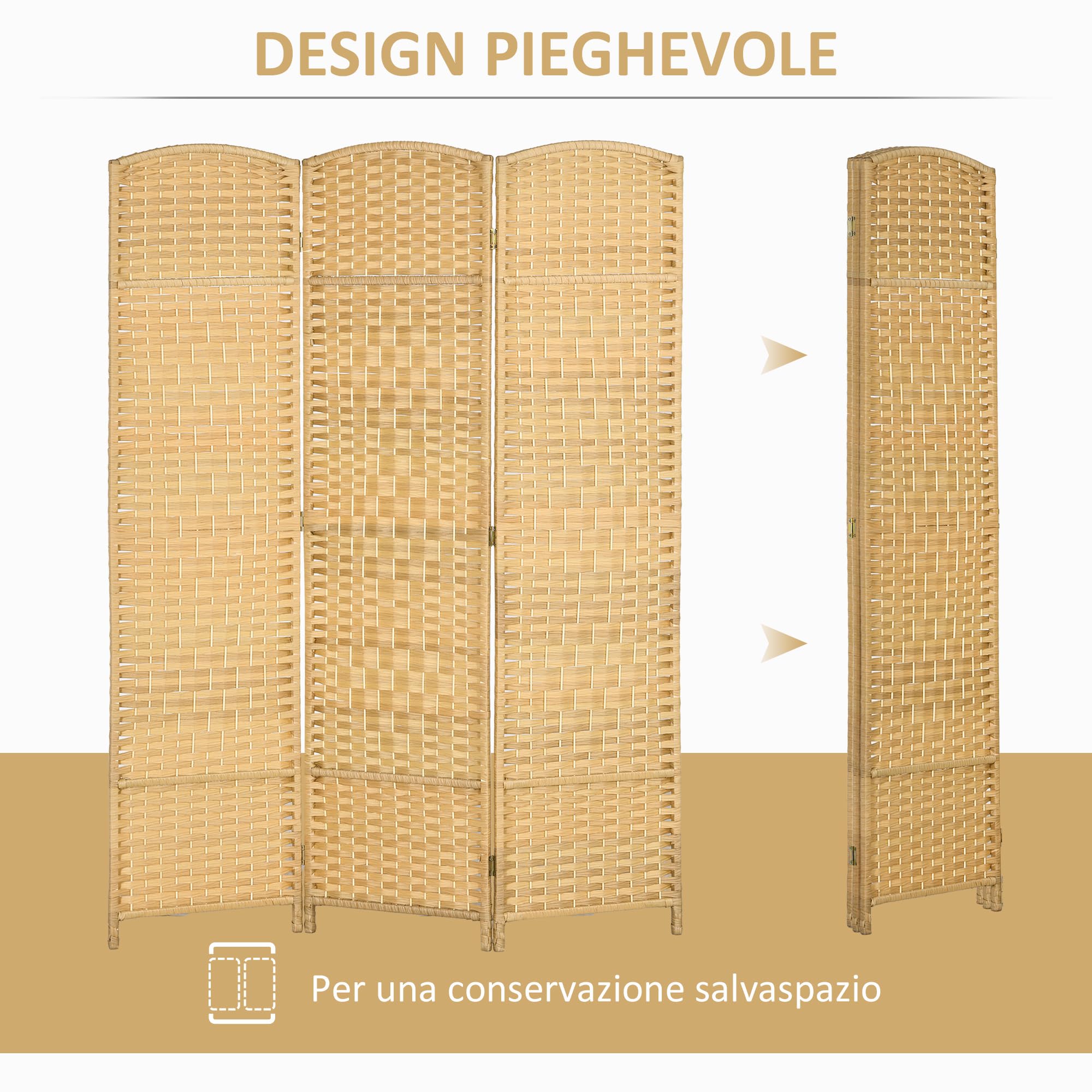 HOMCOM Paravento da Interno a 3 Pannelli Pieghevole, 135x180 cm Separé Divisorio per Ambienti Interno Autoportante Intrecciato in PP e Legno di Pino per Casa, Soggiorno e Ufficio, Effetto Naturale
