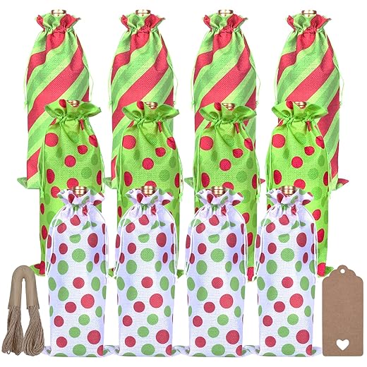 EVRWO Christmas Burlap Wine Bags 12 Pcs Reusable Wine Gift Bags with Drawstrings Tags for Holiday Weedings Party/Birthdays/Christmas/Home Storage Gift Bag