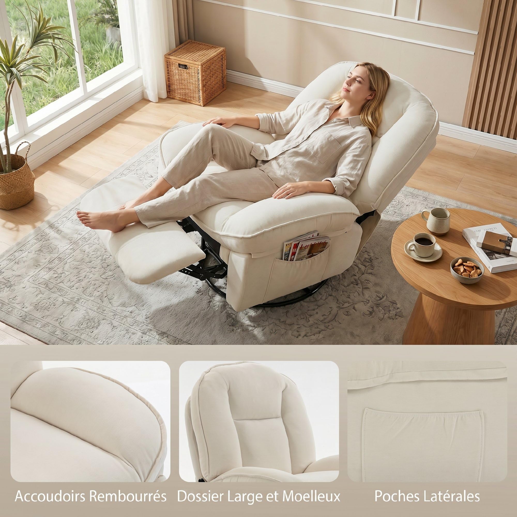 HOMCOM Fauteuil inclinable en chenille, fauteuil de relaxation pivotant à 360° avec repose-pieds, assise large, dossier épais, poches latérales, poignée de tirage, pour salon bureau home cinéma, crème