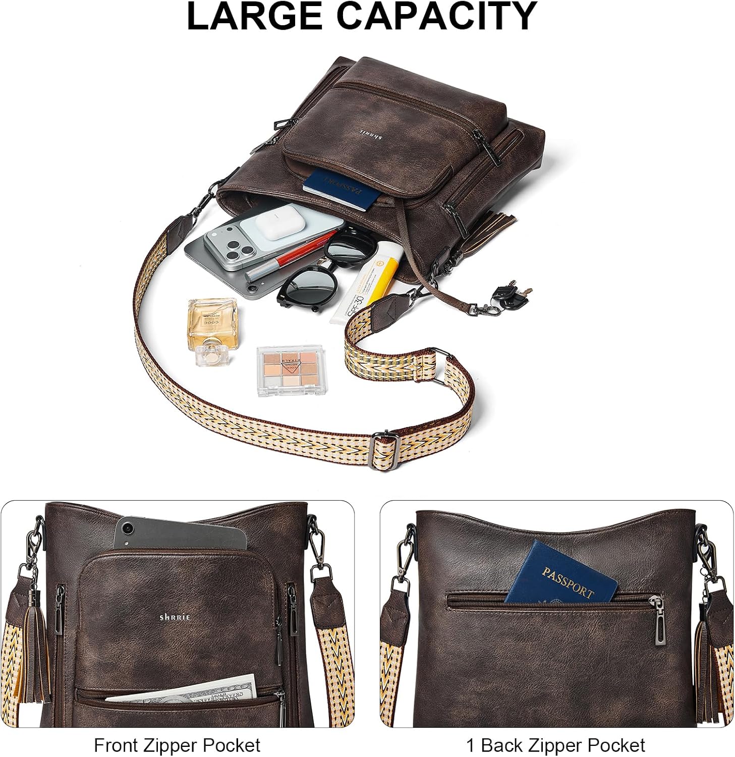 Shrrie Crossbody Bags for Women Multi Pocket Vegan Leather Shoulder Bag Purses for Women with Adjustable Strap for Travel