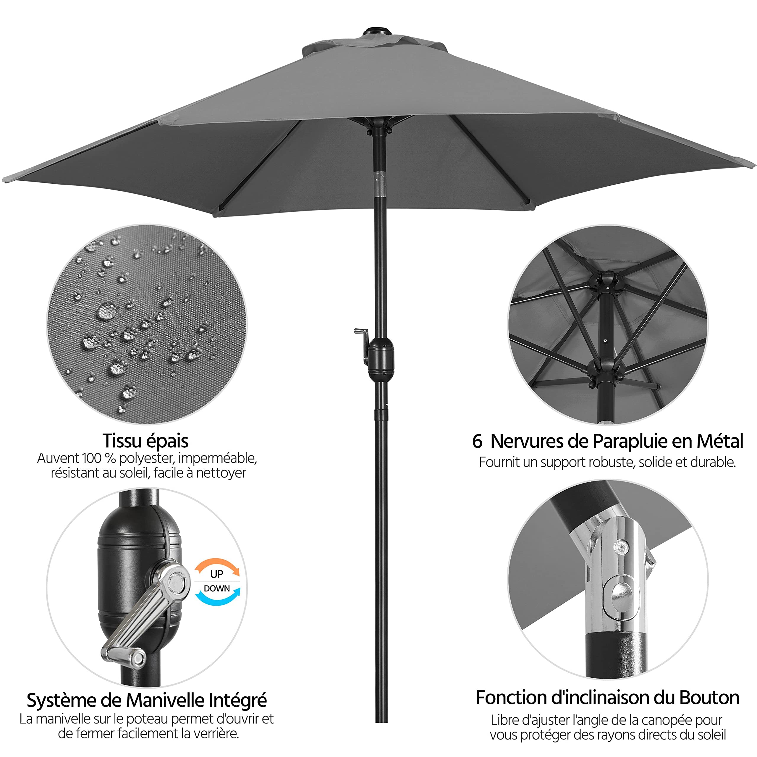 Yaheetech Parasol de Jardin Extérieur Parasol Inclinable 230cm/270cm/327cm avec 6 Baleines Cadre en Métal Protection Solaire pour Jardin Terrasse Patio Piscine Plage Balcon 230 cm Gris