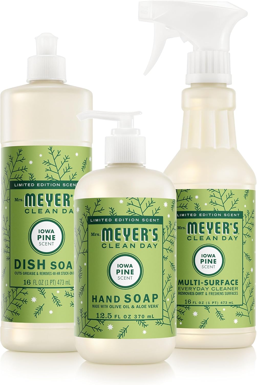 Mrs. MEYER'S CLEAN DAY Kitchen Basics Set, Iowa Pine Scent Cleaning Supplies includes Hand Soap (12.5 Fl Oz), Dish Soap (16 Fl Oz) and Multi-Surface Cleaner (16 Fl Oz)