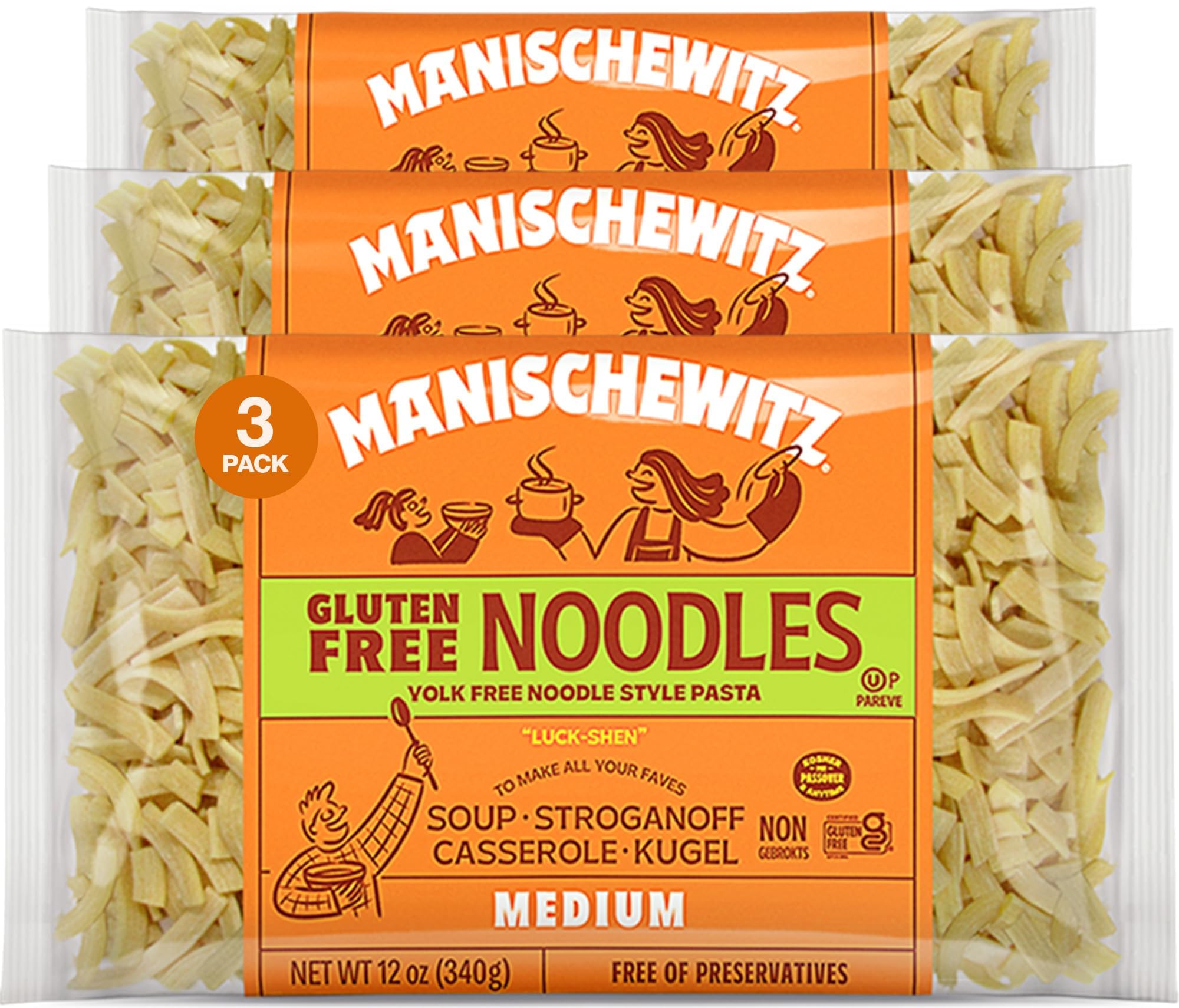 Manishewitz Gluten Free Medium Noodles 12oz (3 Pack) All Natural, Yolk Free, Low Sodium, Kosher for Passover and Year Round