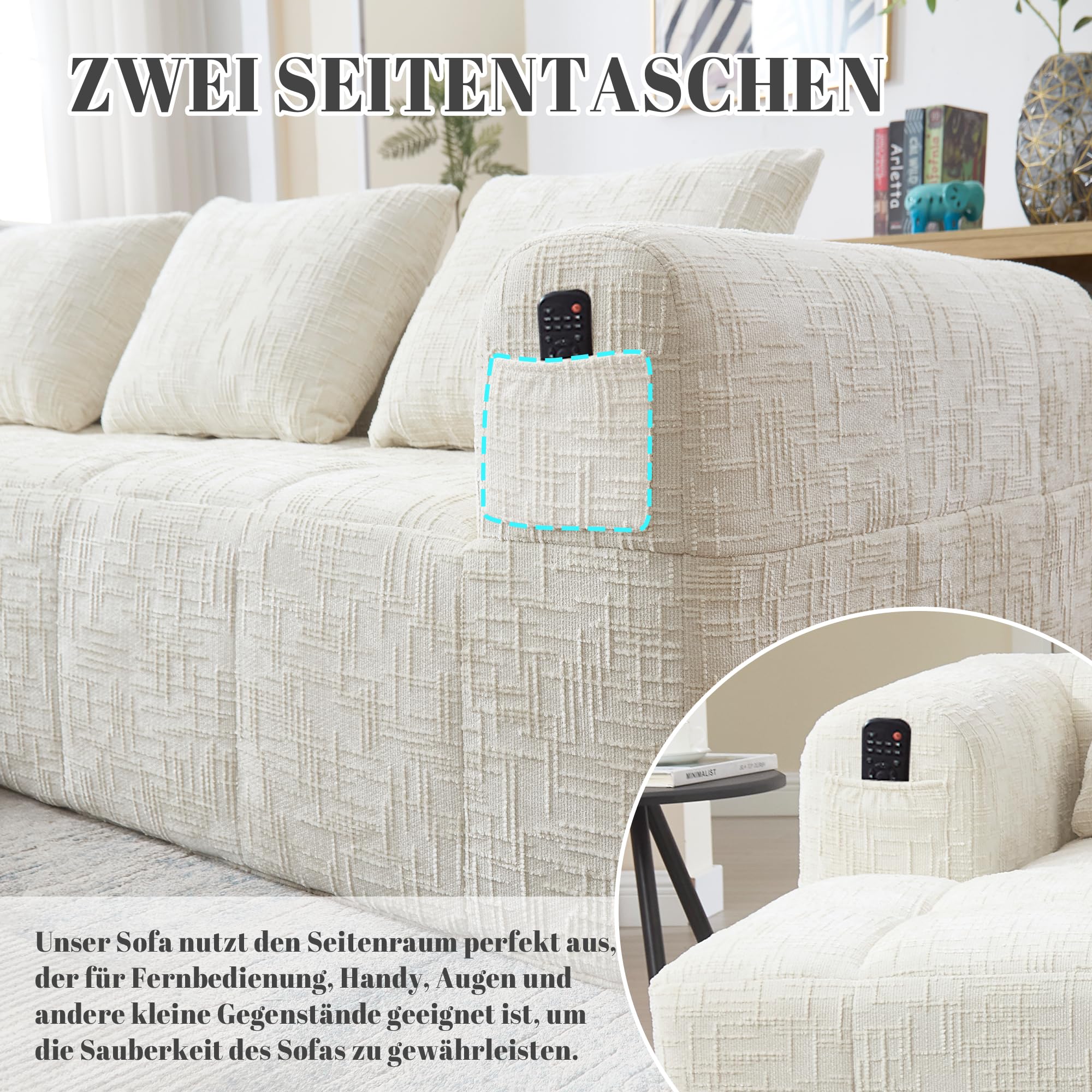 Divano con funzione di sonno Grande divano a 3 posti a forma di L, design moderno, mobili imbottiti, poltrona lounge con chaise longue, braccioli e 3 cuscini