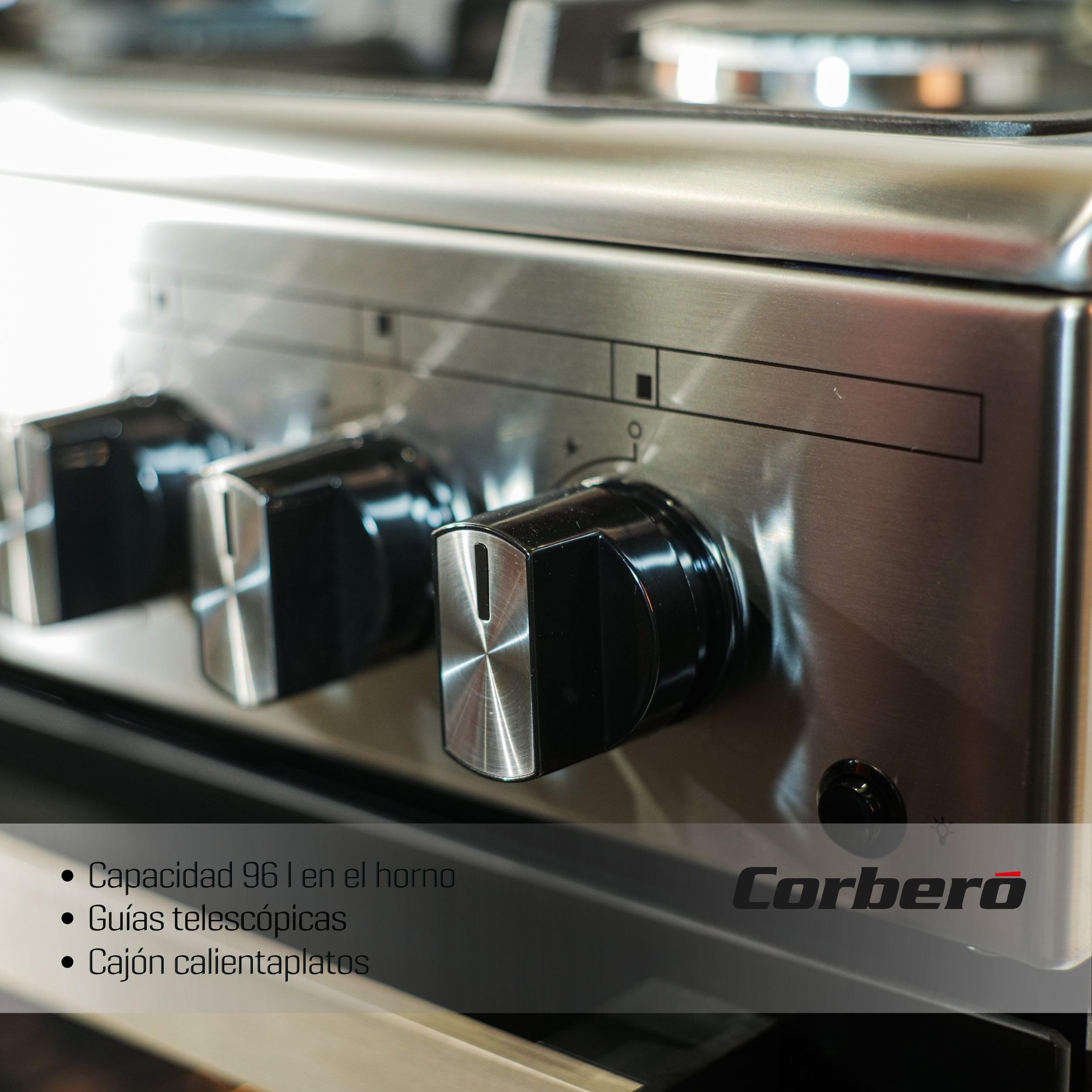 Corberó - Cocina de Gas Butano | CC900X | Horno 96L Panorámico | 5 Fuegos con Opción Wok | Autoencendido Integrado | Fácil Limpieza | Sin Tapa | Inox