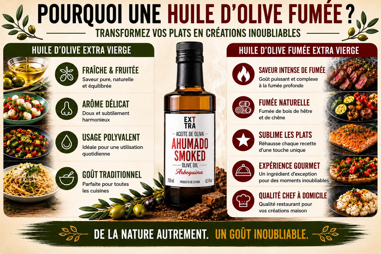 EXTTRA | Huile d'olive extra vierge fumée naturellement, huile espagnole fumée à froid au bois de chêne et de hêtre, huile gourmande pour la finition des viandes, poissons et légumes, 250 ml
