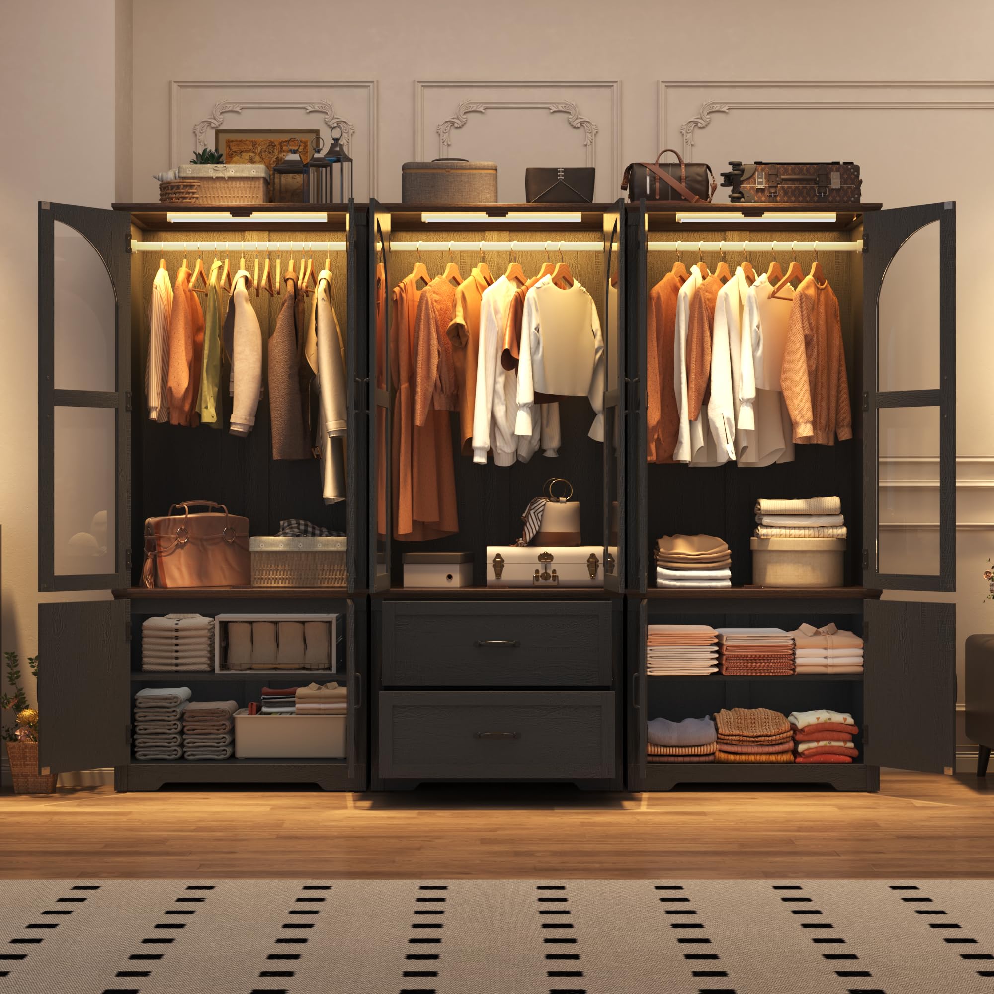 Tall Farmhouse 6 Doors Armoire Wardrobe Closet with LED ,72
