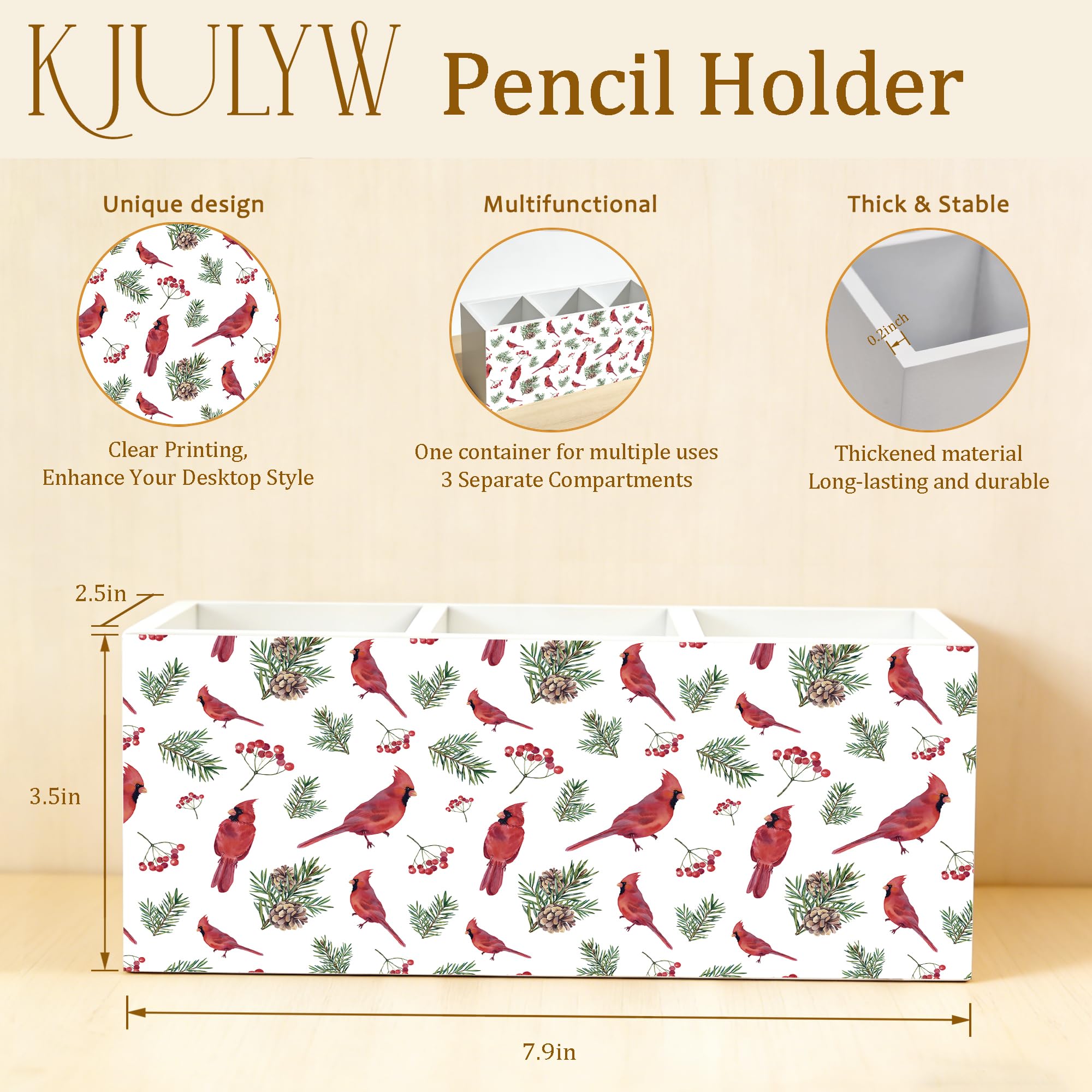 Roter Kardinal-Stifthalter für Schreibtisch, Kardinal-Liebhaber, rote Vogel-Stechpalmenbeere, Holzbox, Stiftehalter, Organizer für Zuhause, Büro, Schreibtischzubehör