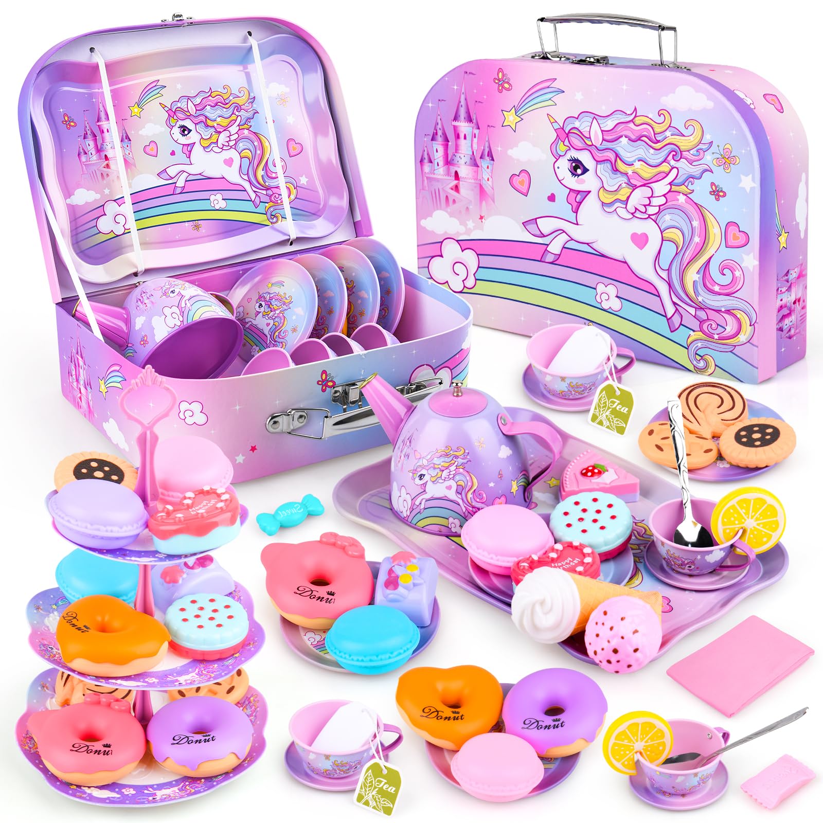 Gifts2U Theekransje set speelgoed inclusief dessert, koekjes, donut, theepot dienblad taart, tafelkleed en draagtas, keuken doen alsof spelen voor kinderen vanaf 3 jaar