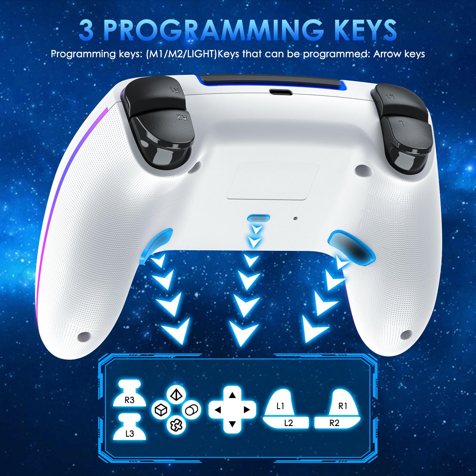 JORREP Manette sans fil pour PS5/Pro/Steam Deck/PC/MAC/iOS, manette de jeu avec éclairage RVB/double vibration/turbo/capteur de mouvement/programmable/connexion casque/batterie 1500 mAh (White)