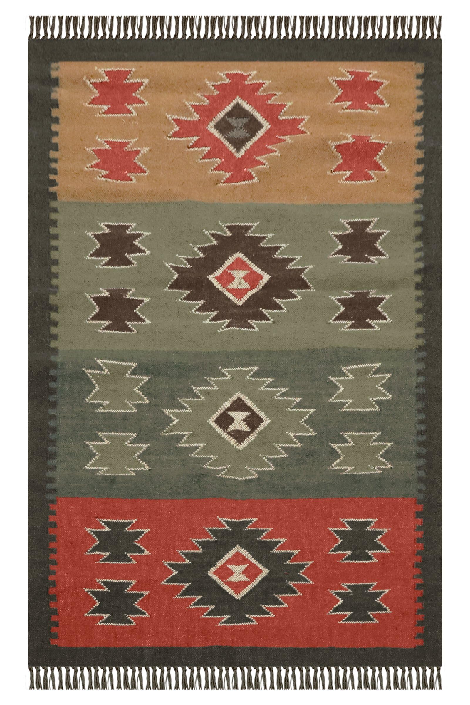 Tapis Kilim réversible tissé main en laine et jute rouge noir pour intérieur