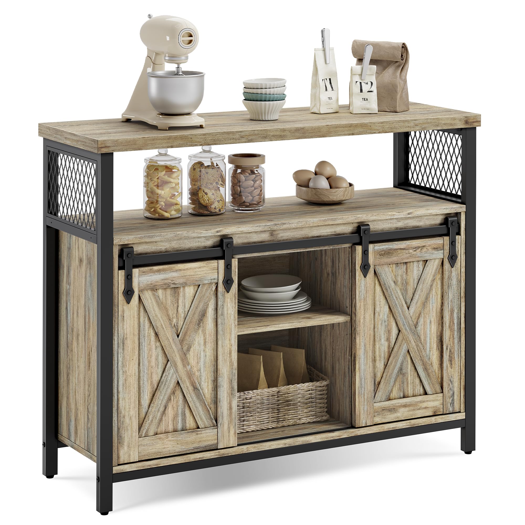 VASAGLE Sideboard, Kitchen Cabinet, Storage Cupboard, with 2 Sliding Barn Doors, 33 x 100 x 80 cm, Adjustable Shelves, for Living Room, Turquoise Brown and Ink Black LSC092B60