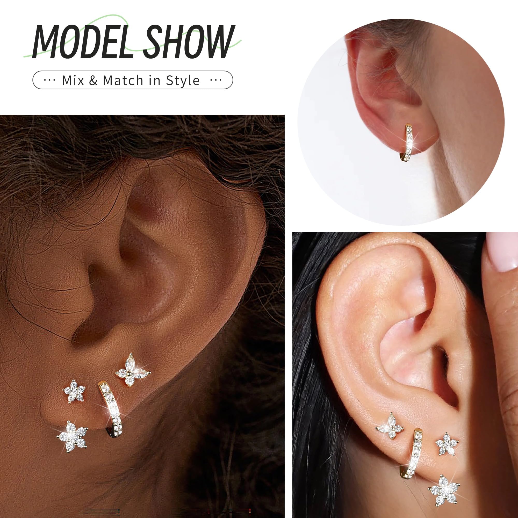 MACACHII Orecchini Donna Argento 925 Placcati Oro 14K - Set 3 Paia Orecchini a Lobo, Cerchio, Helix - Anallergici, Idee Regalo Gioielli per Piercing Multipli