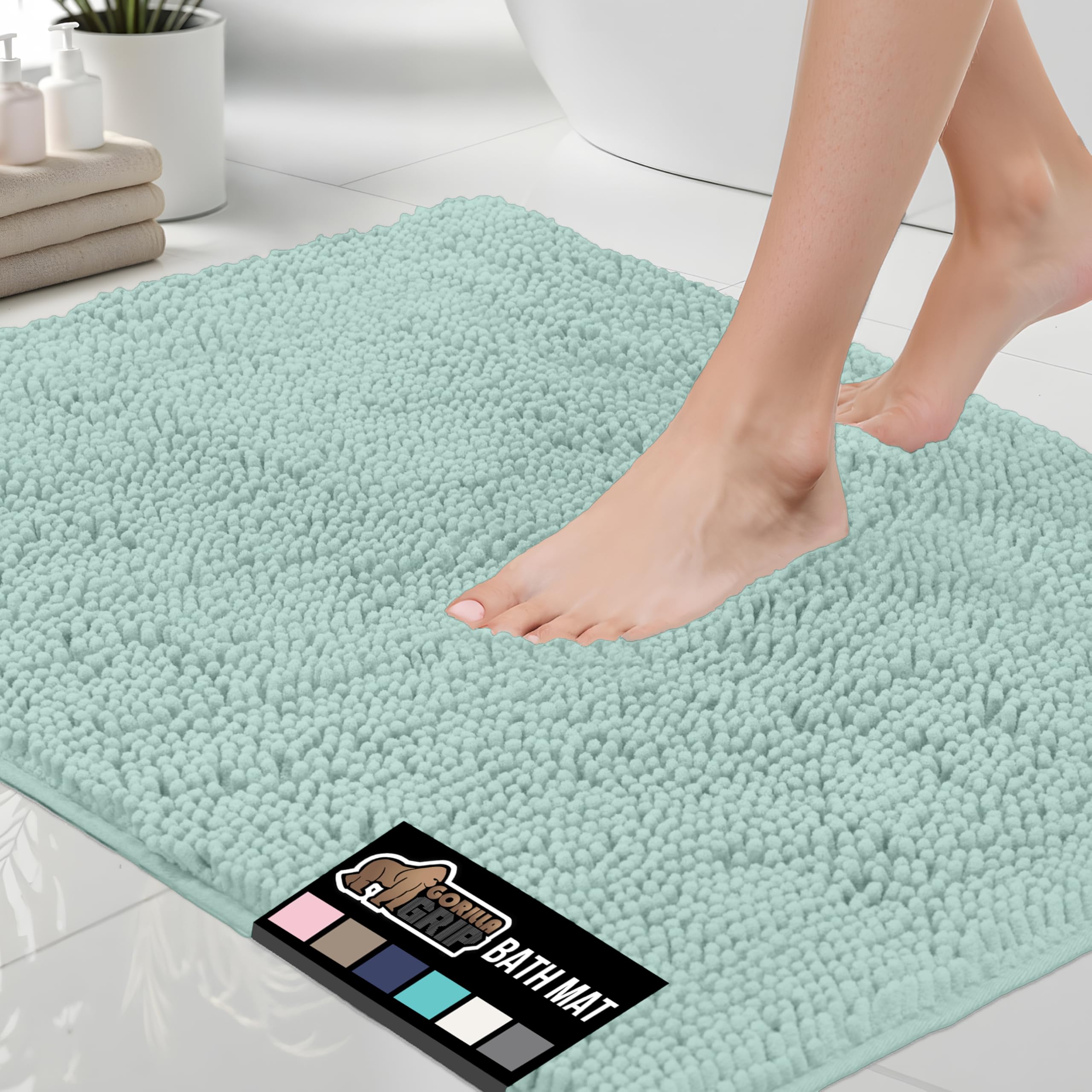GORILLA GRIP Bath Rug Mat 30x20, Thick Soft Absorbent Chenille, Quick Dry Microfiber Mats, Rubber Backing Washable Shower Floor Rugs, US Designed Bathroom Bathmat Home Decor Accessories, Seablue