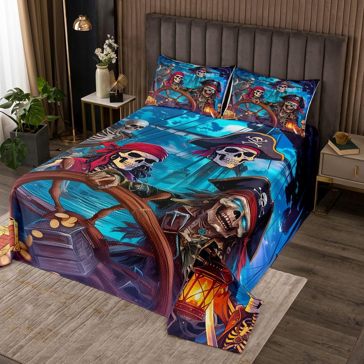 Nautical Pirate Ships Quilt Sets Twin Size,Skeleton Pirates Bedspread Coverlet 2Pcs for Kids Girls Boys Room Decor,Sea Treasure Hunting Quilts Set Gothic Skull Bedding Comforter,1 Pillowcase