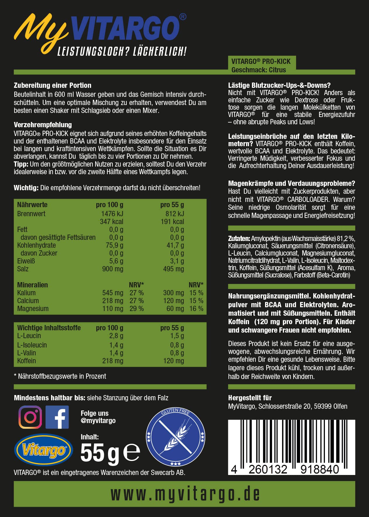 Vitargo PRO-KICK Box Citrus (990 g/18 Einzeltüten a 55g)