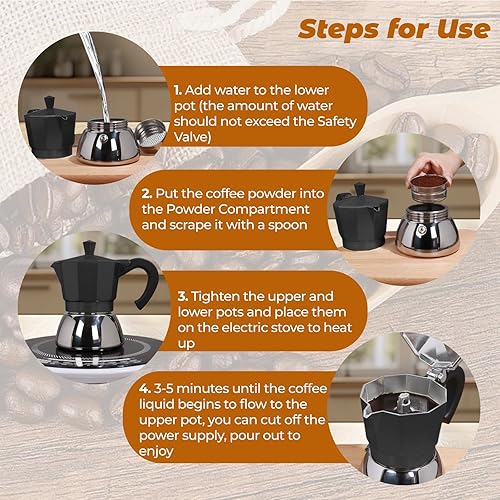 Miniatura 5 de Cafetera italiana sin revestimiento de 4 tazas de aluminio y acero inoxidable, cafetera italiana, 7.4 fl oz, 7.44 onzas, adecuada para estufa de