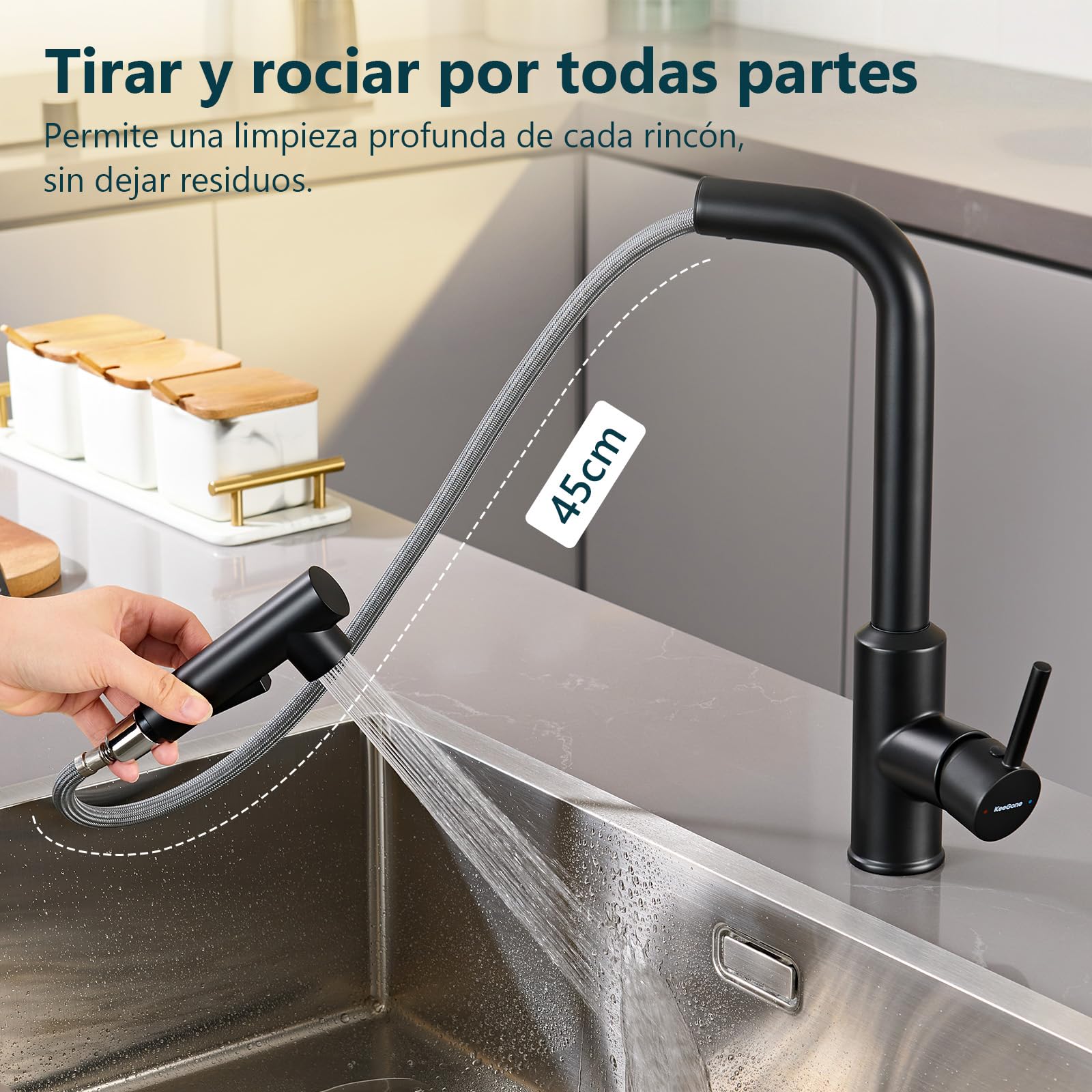 Grifo de Cocina Negro, Grifo Mezclador de Cocina con Rociador Extraíble, Grifo de Fregadero Giratorio 360°, Grifo Aleación resistente a la corrosión, Dos Funciones de Rociado, Negro Mate | Grifo de cocina extensible, grifo de cocina de alta presión, grifo